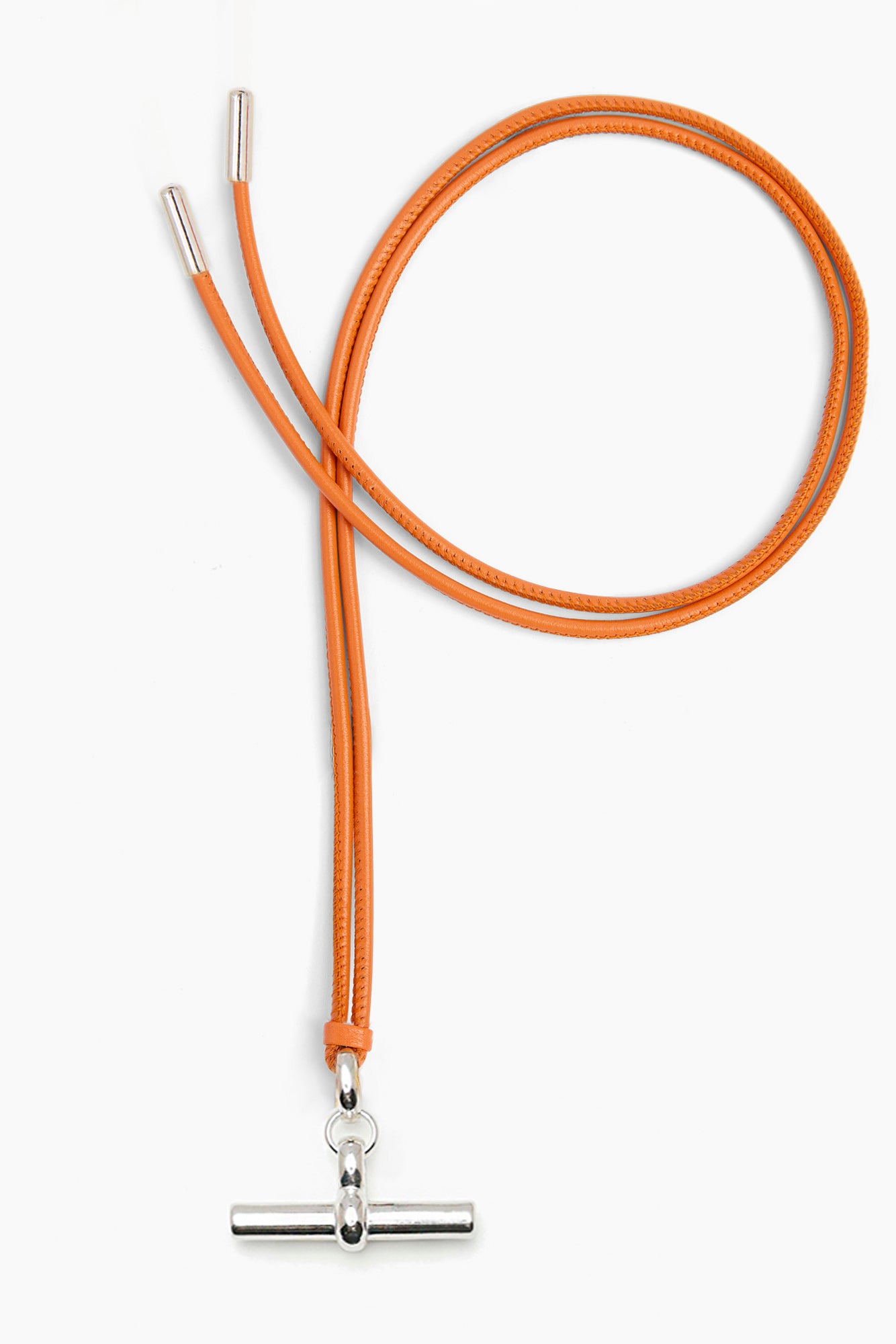 Orange leather cord necklace with silver T-bar pendant and two tied cord ends.