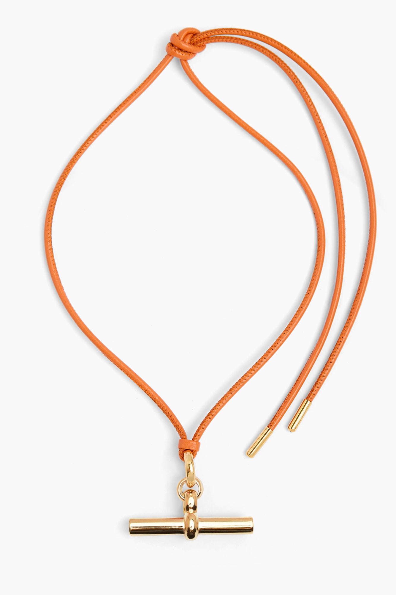Orange leather necklace with gold T-bar pendant and two cord tie ends