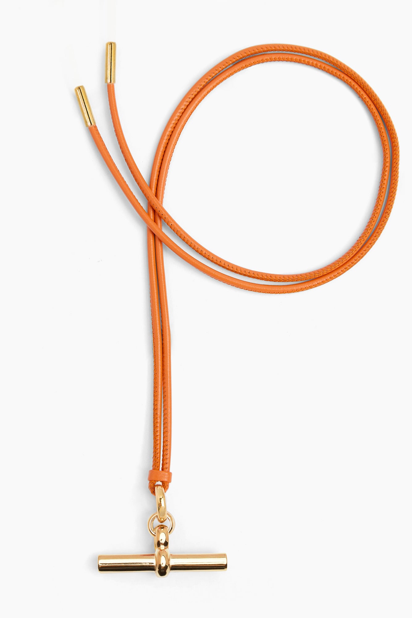 Orange leather necklace cord with gold T-bar charm and end tie loops
