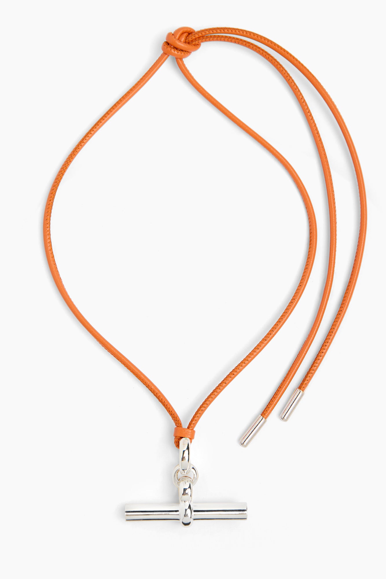 Orange leather necklace with silver T-bar charm pendant on orange cord