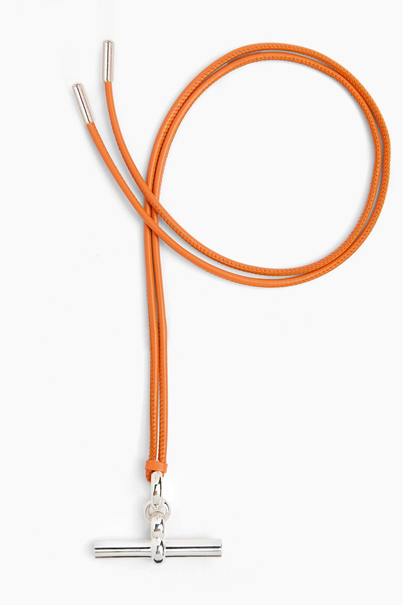 Orange leather necklace with silver T-bar charm pendant; long adjustable cord ends