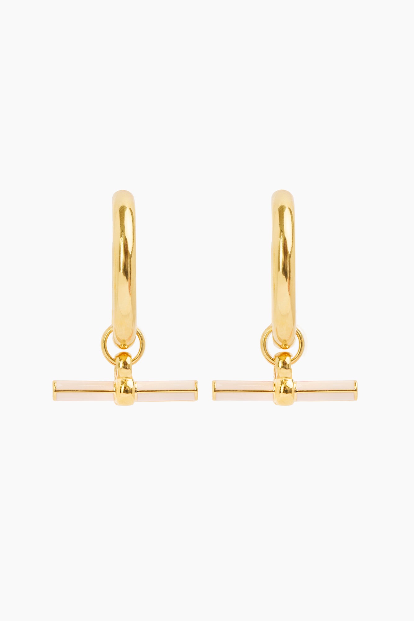 Pair of gold-tone hoop earrings with cream enamel T-bar dangles