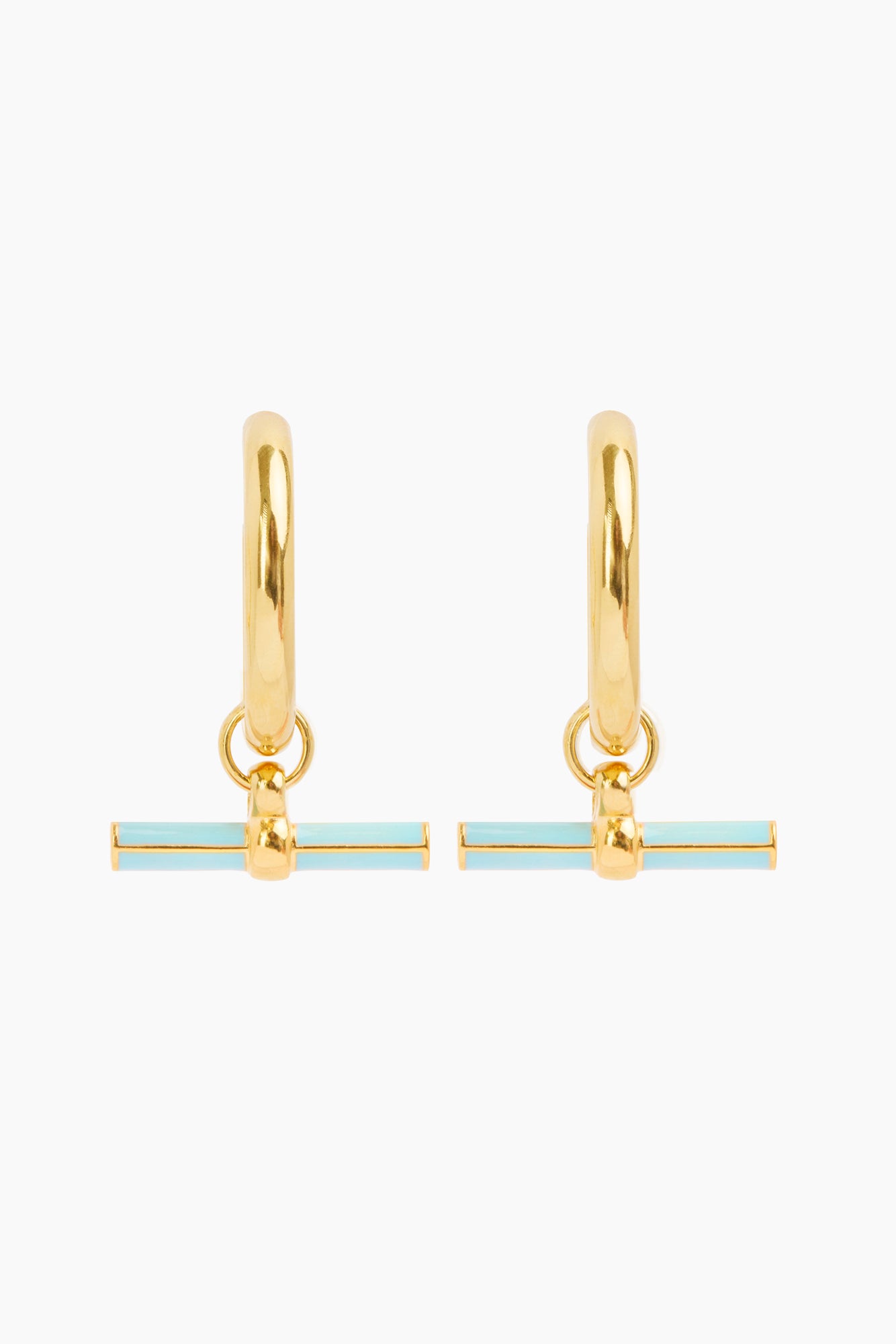 Gold hoop earrings with blue enamel T-bar dangle charm