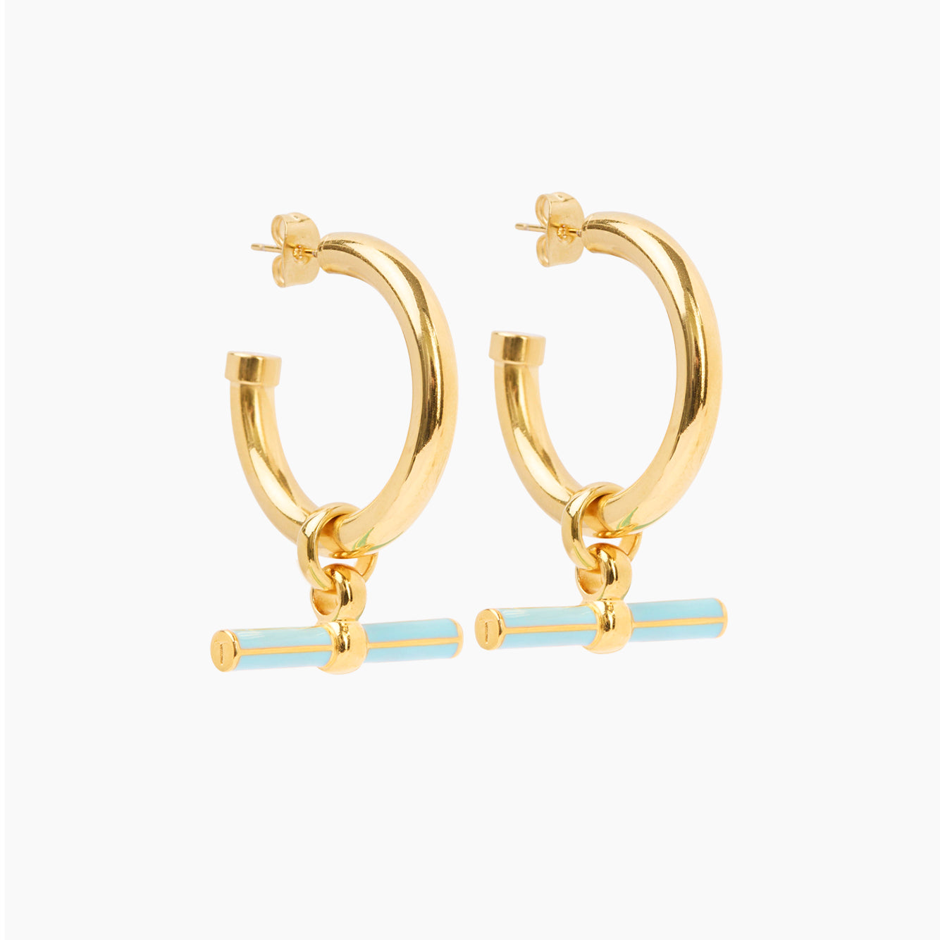Blue Enamel Gold T-Bar Earrings