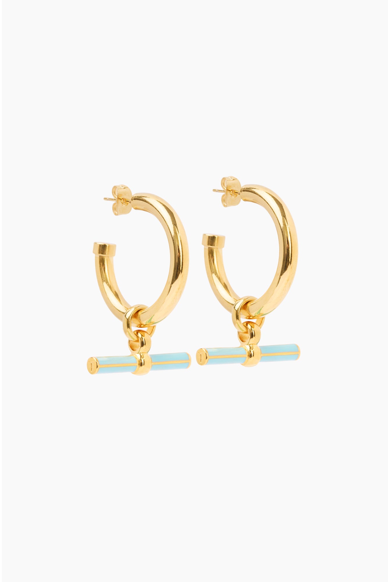 Gold hoop earrings with blue enamel T-bar charm and small flower detail