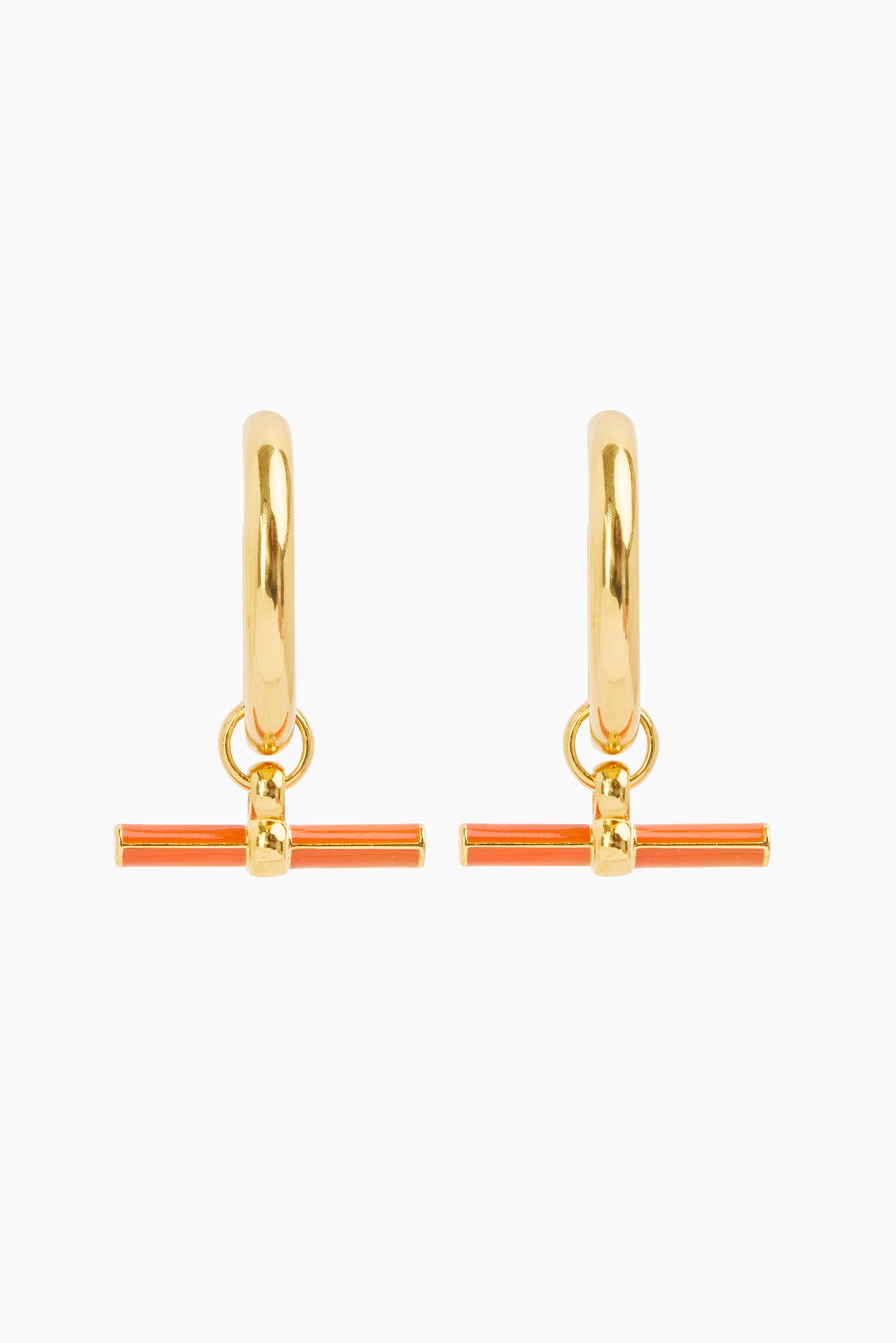 Gold hoop earrings with orange enamel crossbar and dangling charm