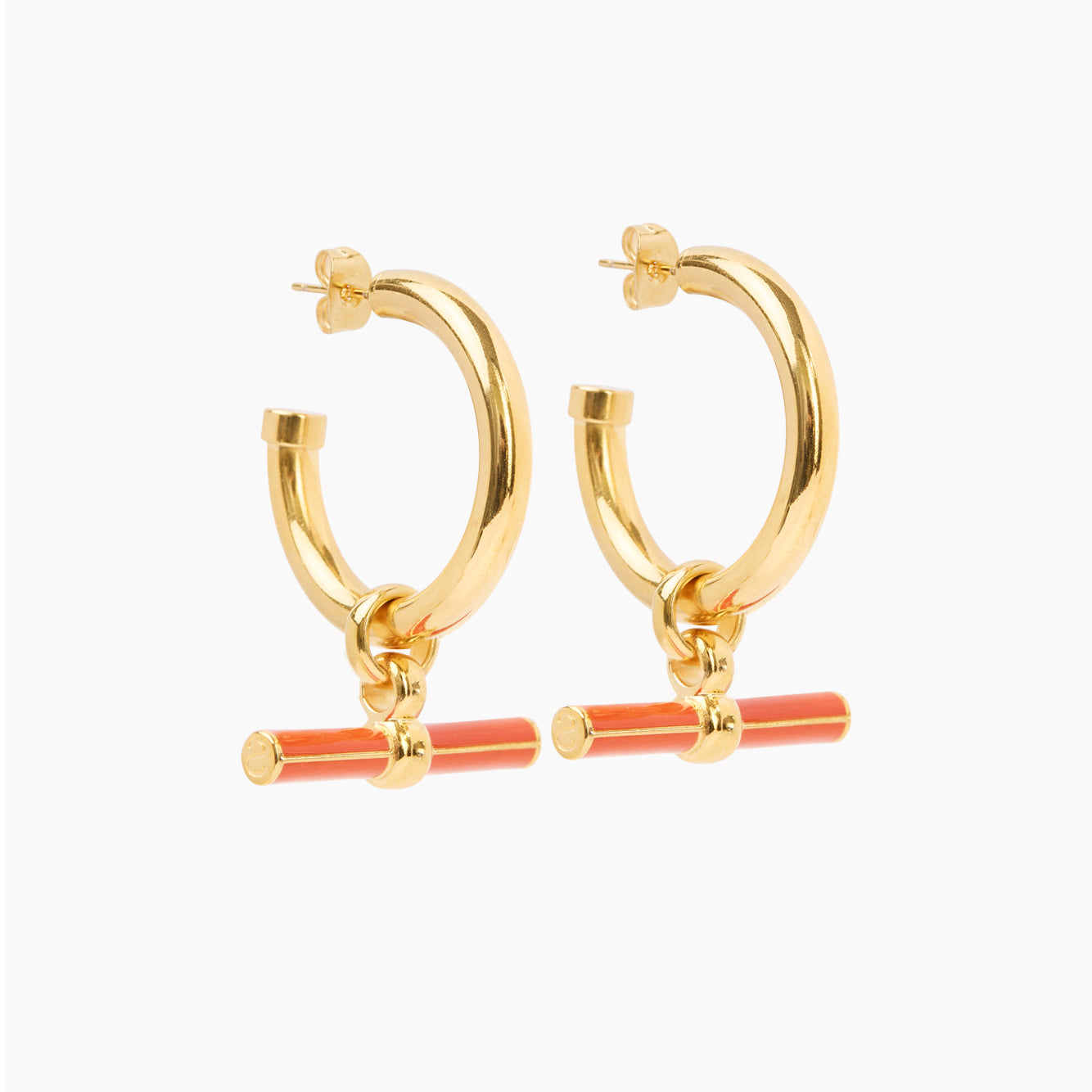 Orange Enamel Gold T-Bar Earrings