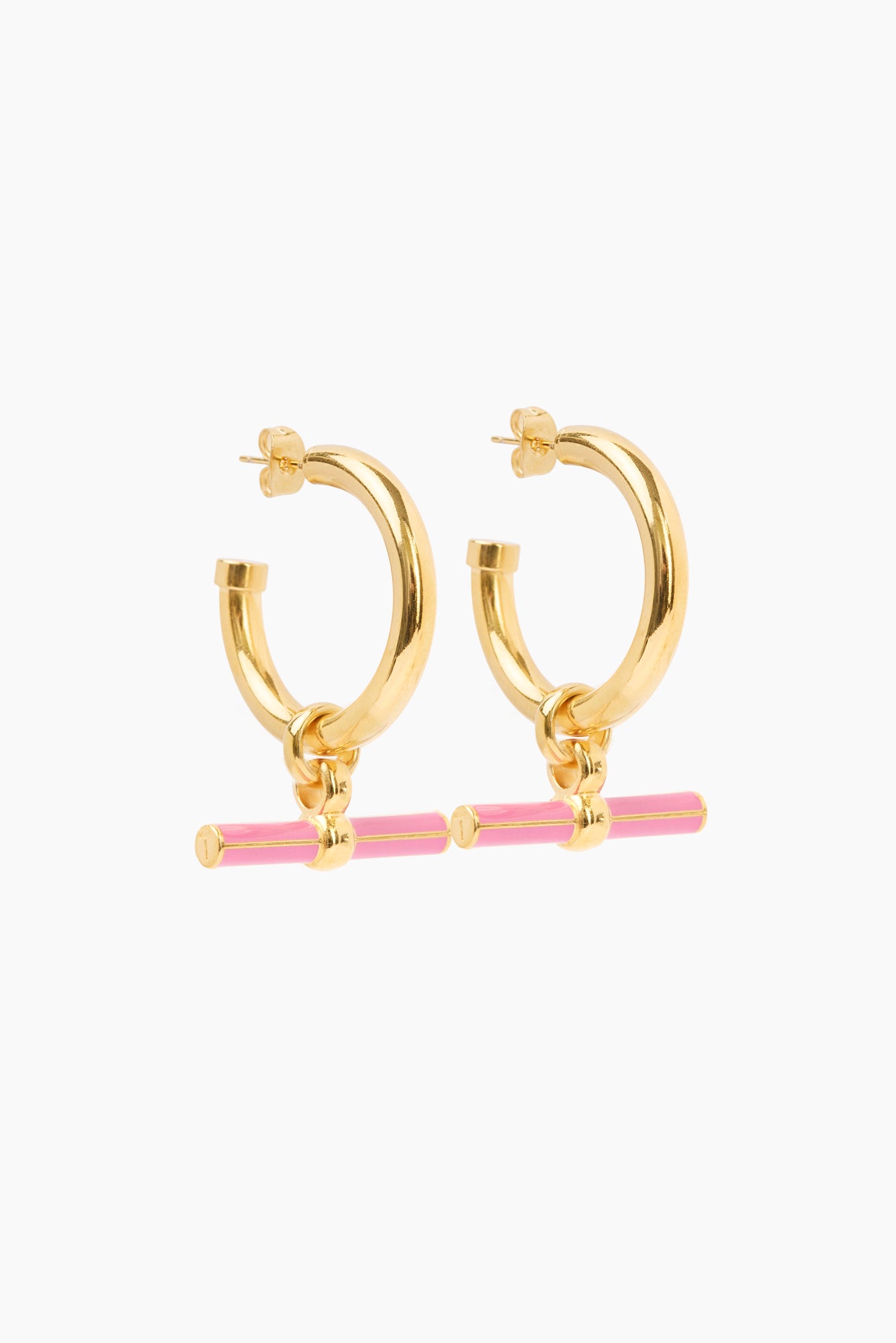 Gold T-bar hoop earrings with pink enamel bar