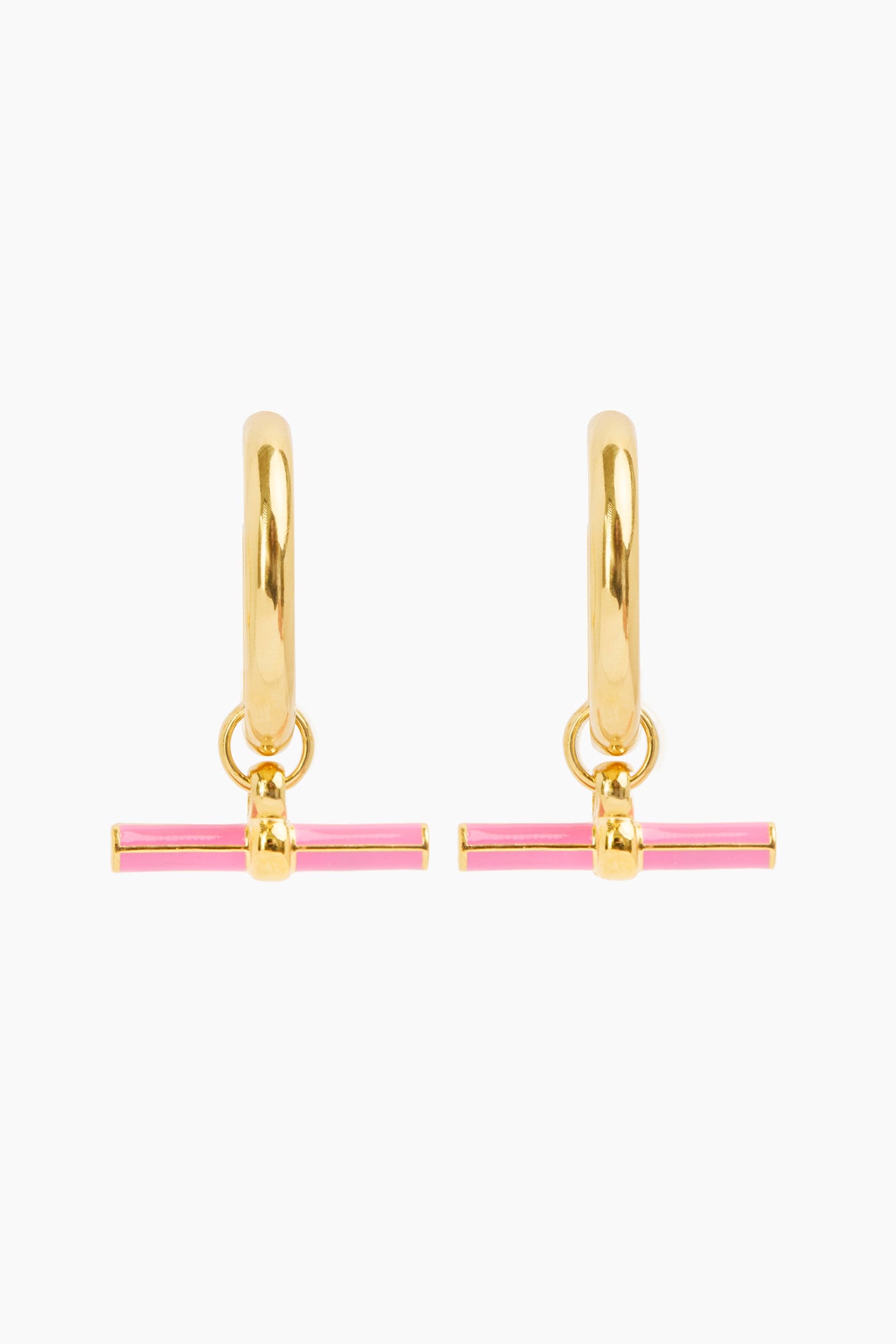 Gold hoop earrings with pink enamel T-bar detail