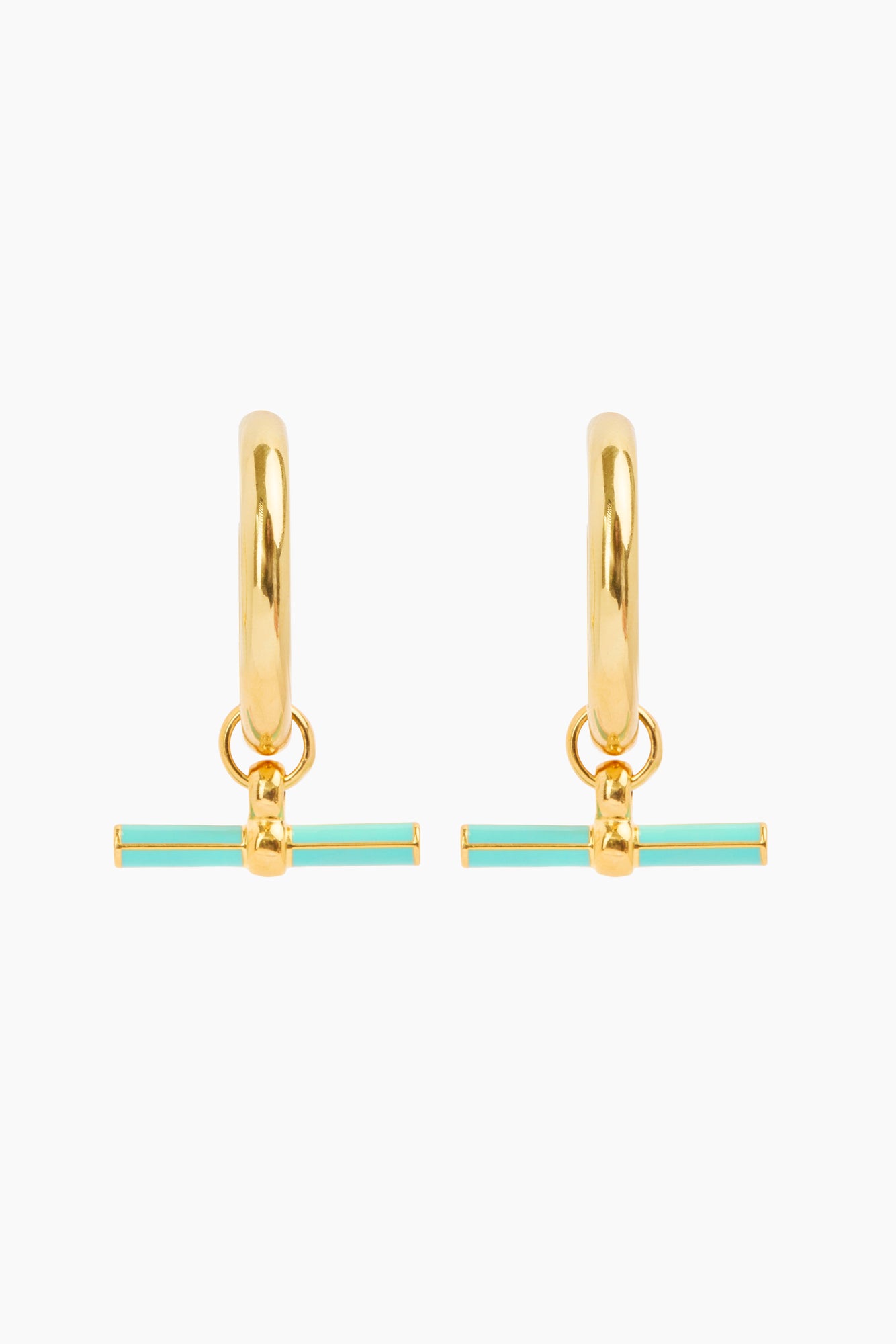 Gold T-bar earrings with mint enamel bar charms and hoop-like hooks