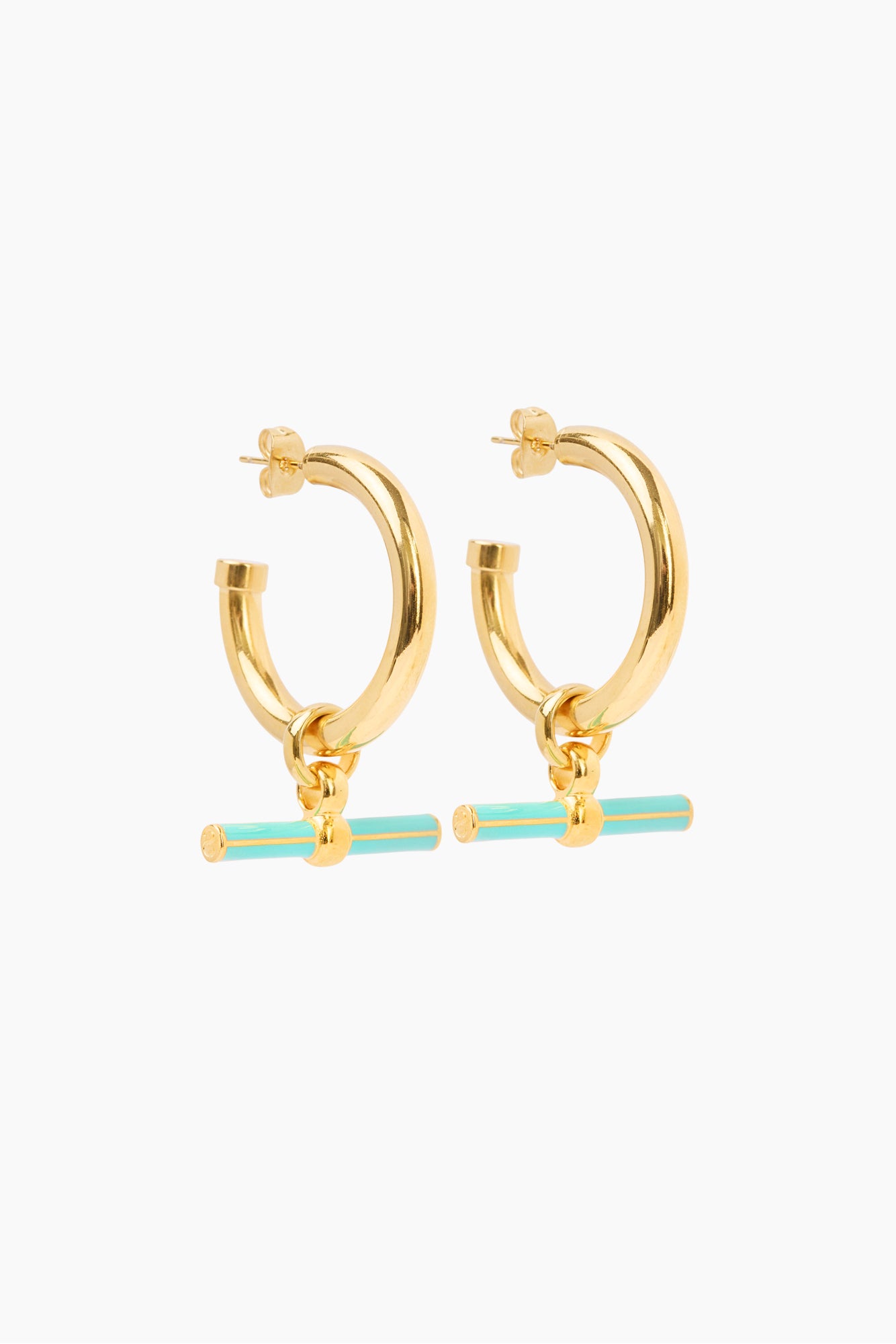 Gold hoop earrings with mint enamel bar charms and small bow details