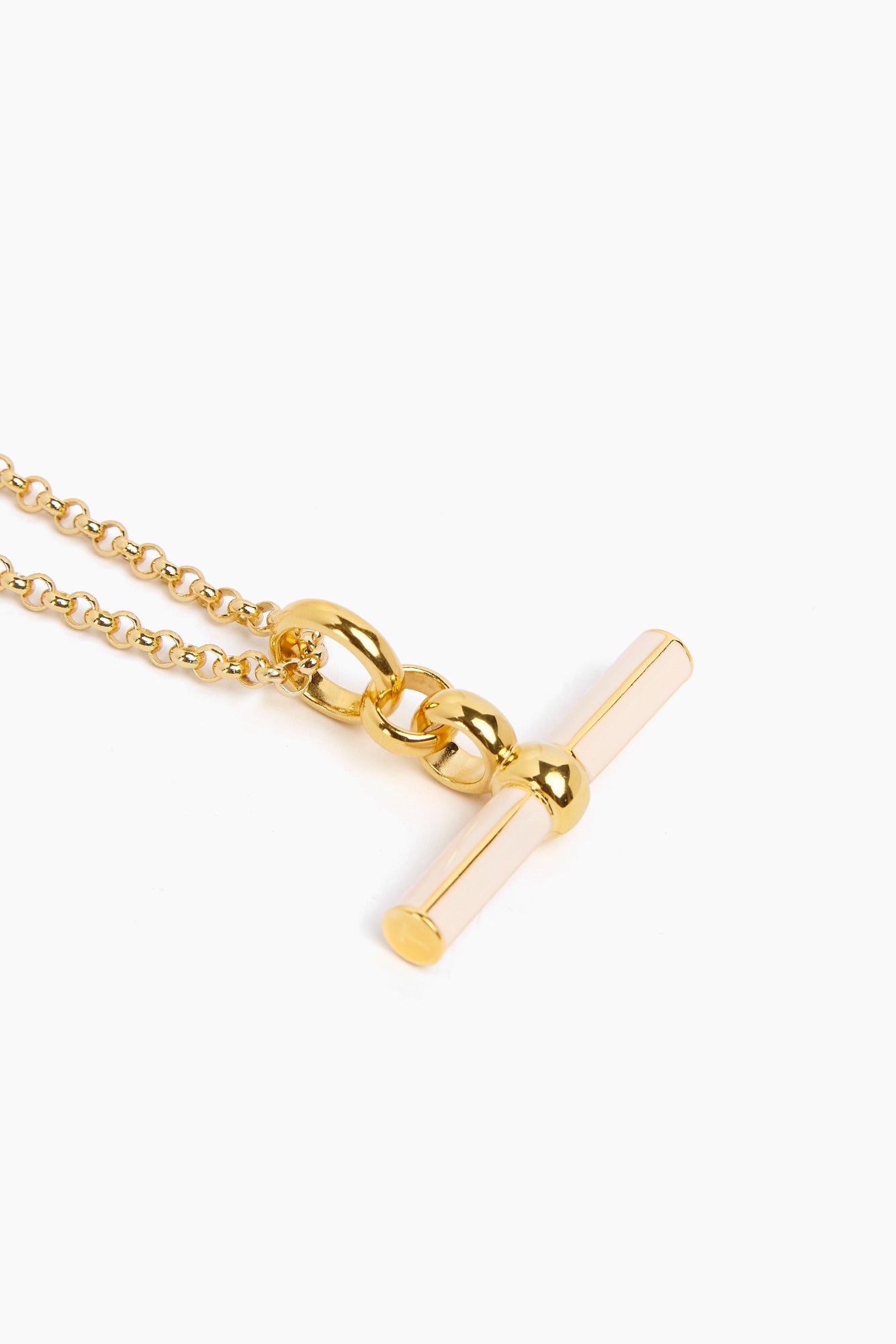 Gold T-bar pendant with cream enamel on chunky belcher chain