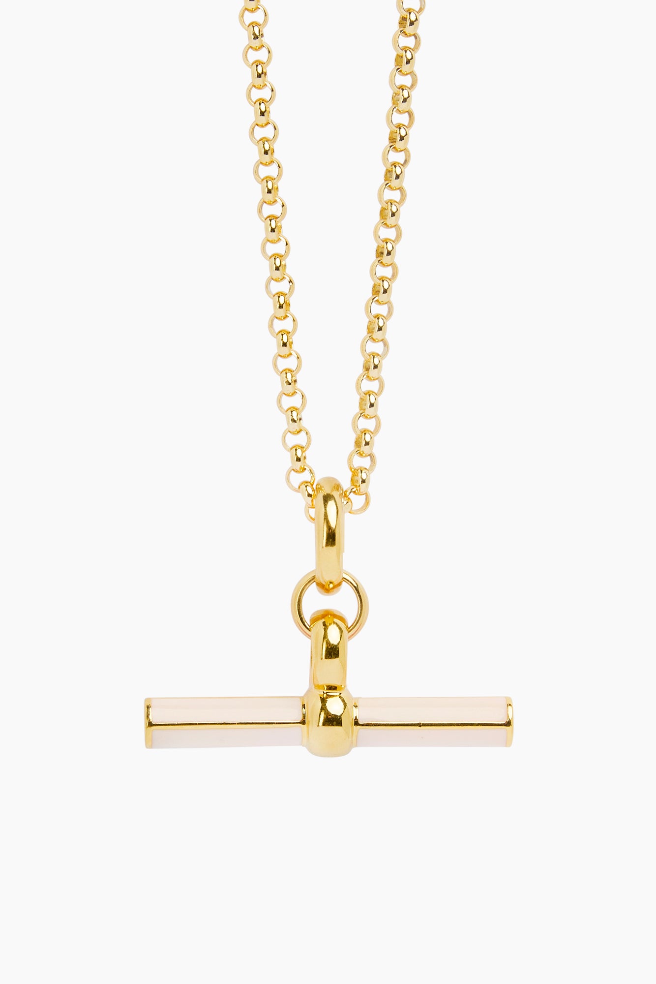 Gold chunky belcher chain necklace with cream enamel T-bar pendant