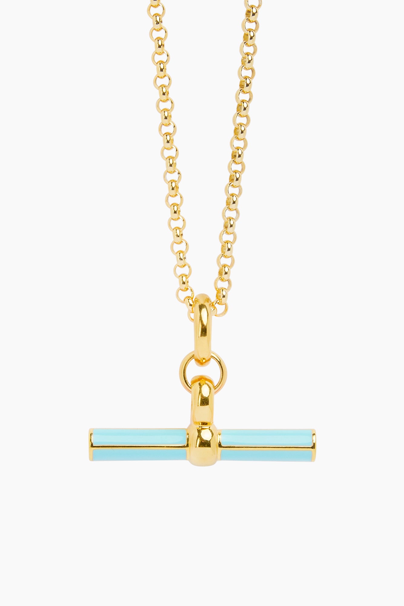 Gold necklace with long chain and blue enamel T-bar pendant