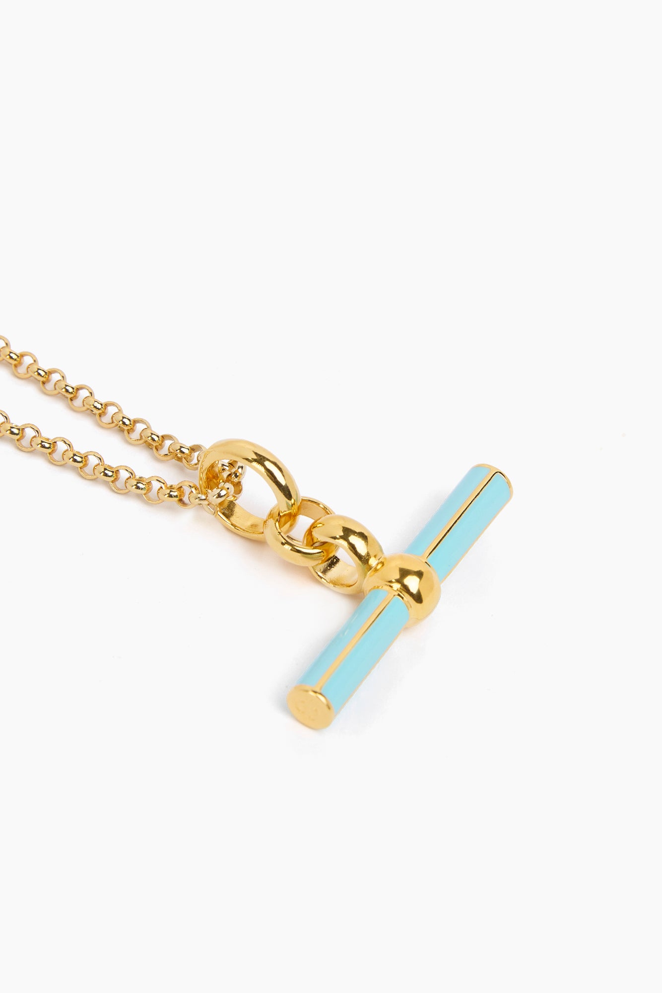 Chunky gold chain with gold T-bar clasp and blue enamel bar charm