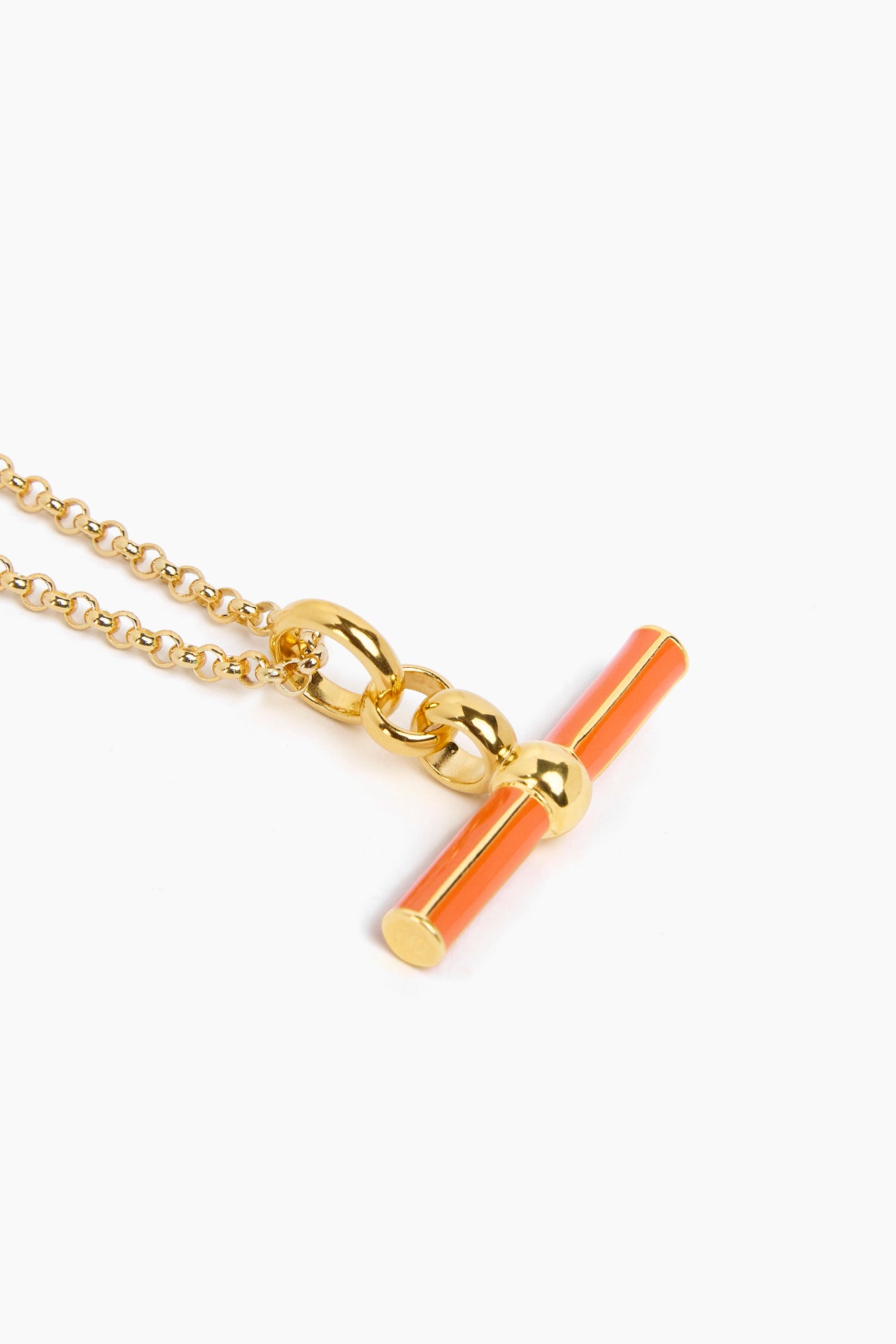 Orange enamel T-bar charm on gold chain necklace with chunky links