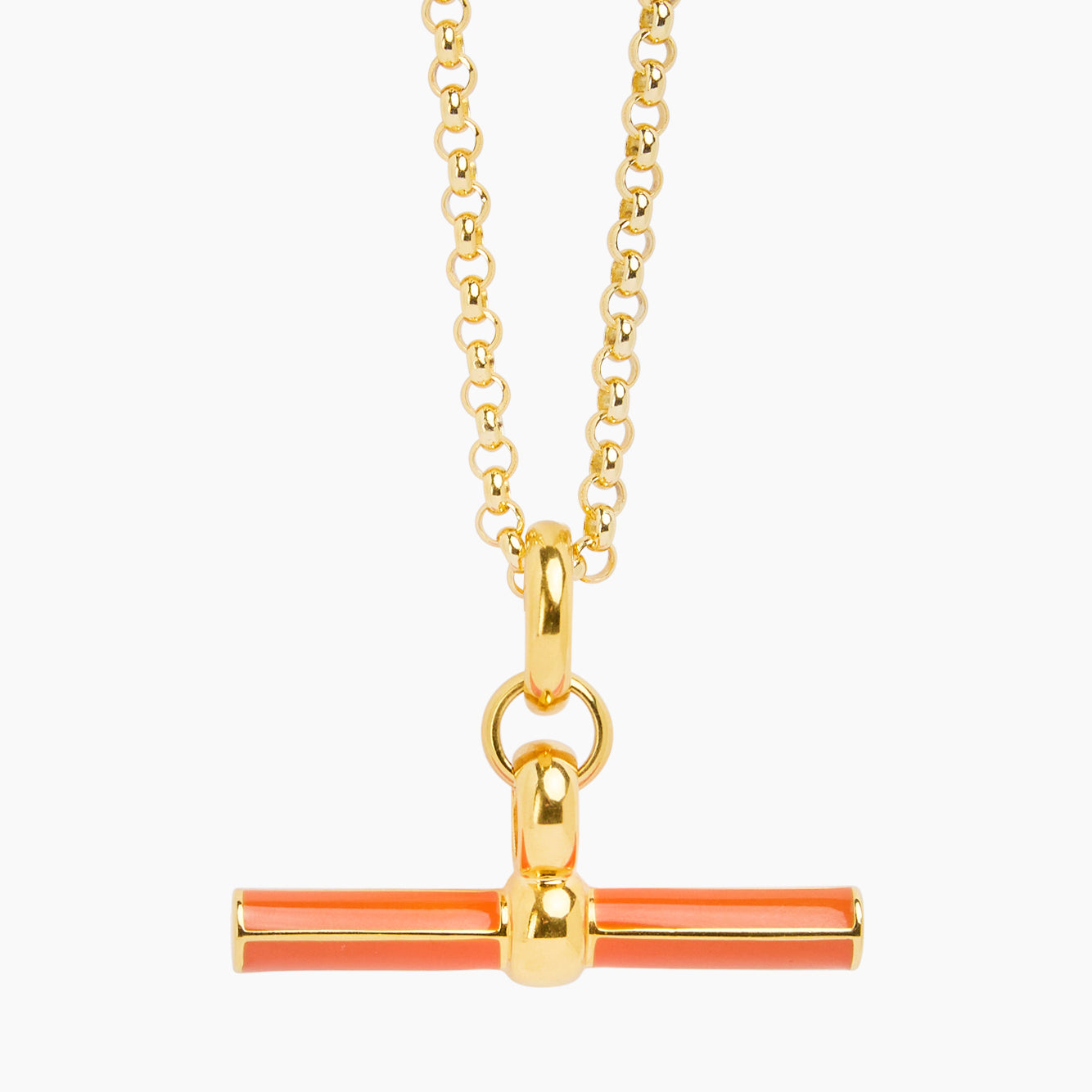 Orange Enamel Giant Gold T-Bar On Chunky Belcher Necklace