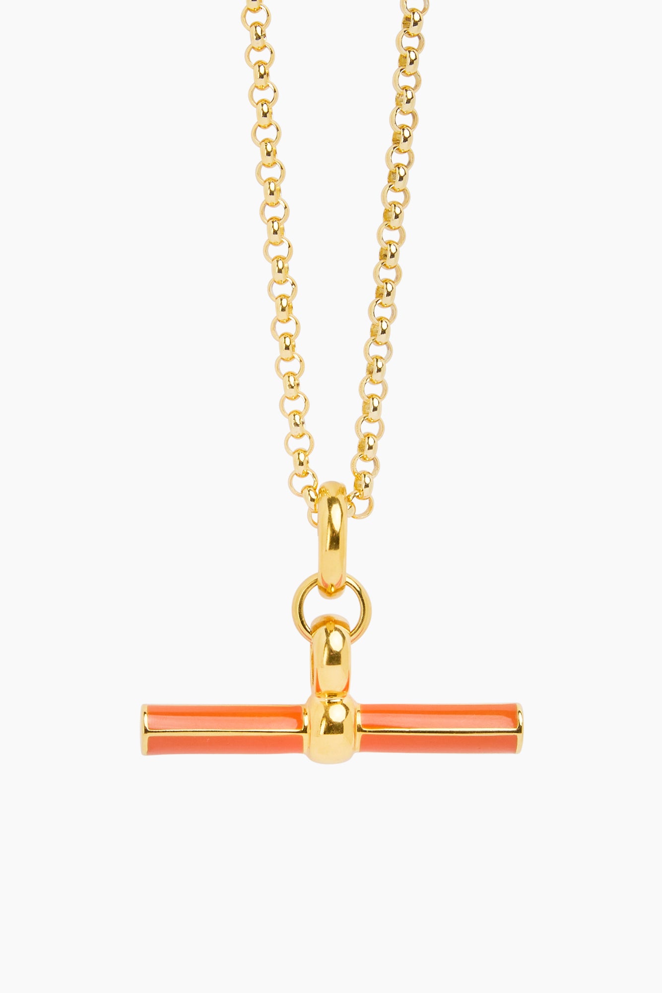 Gold chain necklace with orange enamel T-bar pendant and clasp loop