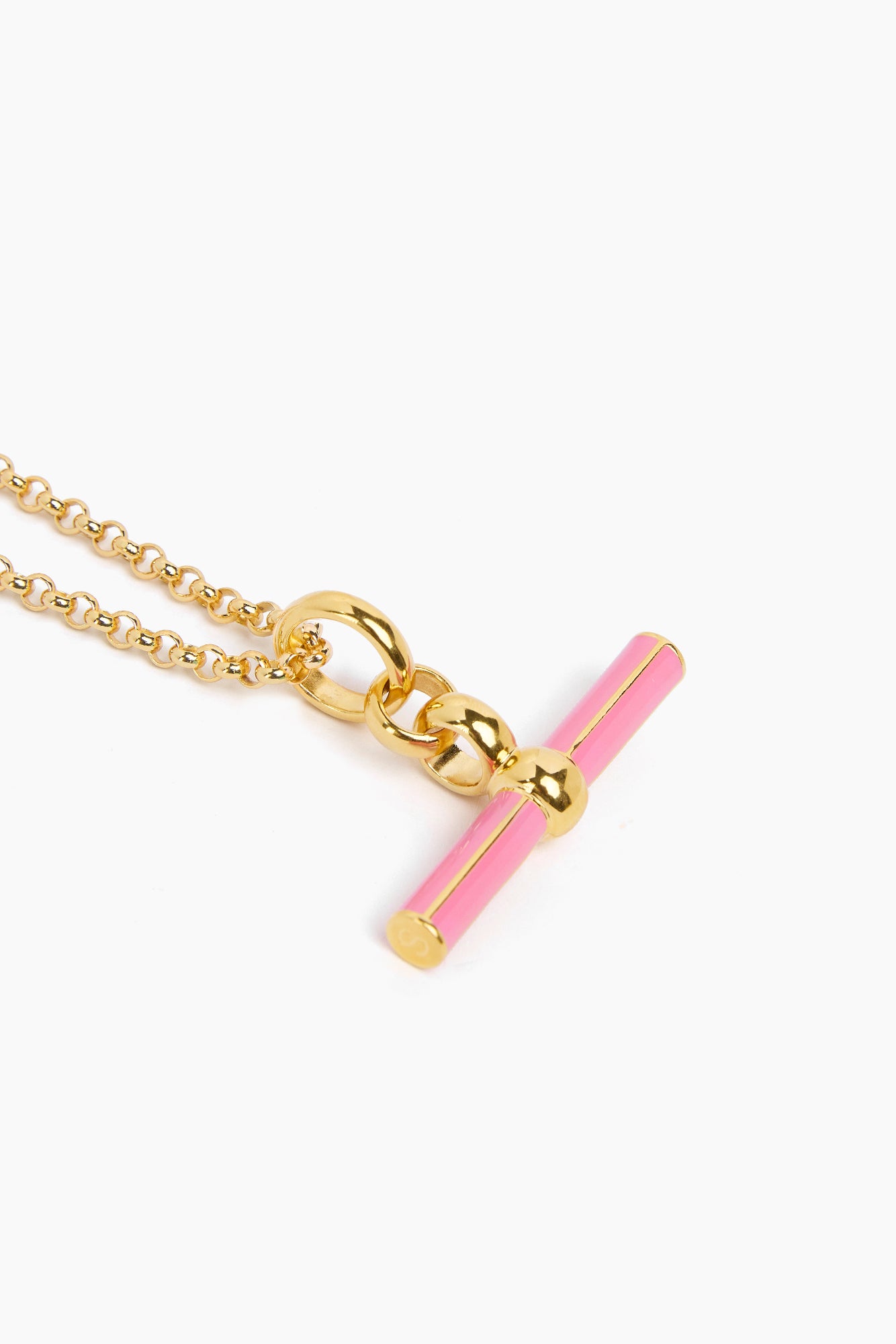 Gold belcher chain necklace with pink enamel T-bar charm and heart clasp detail