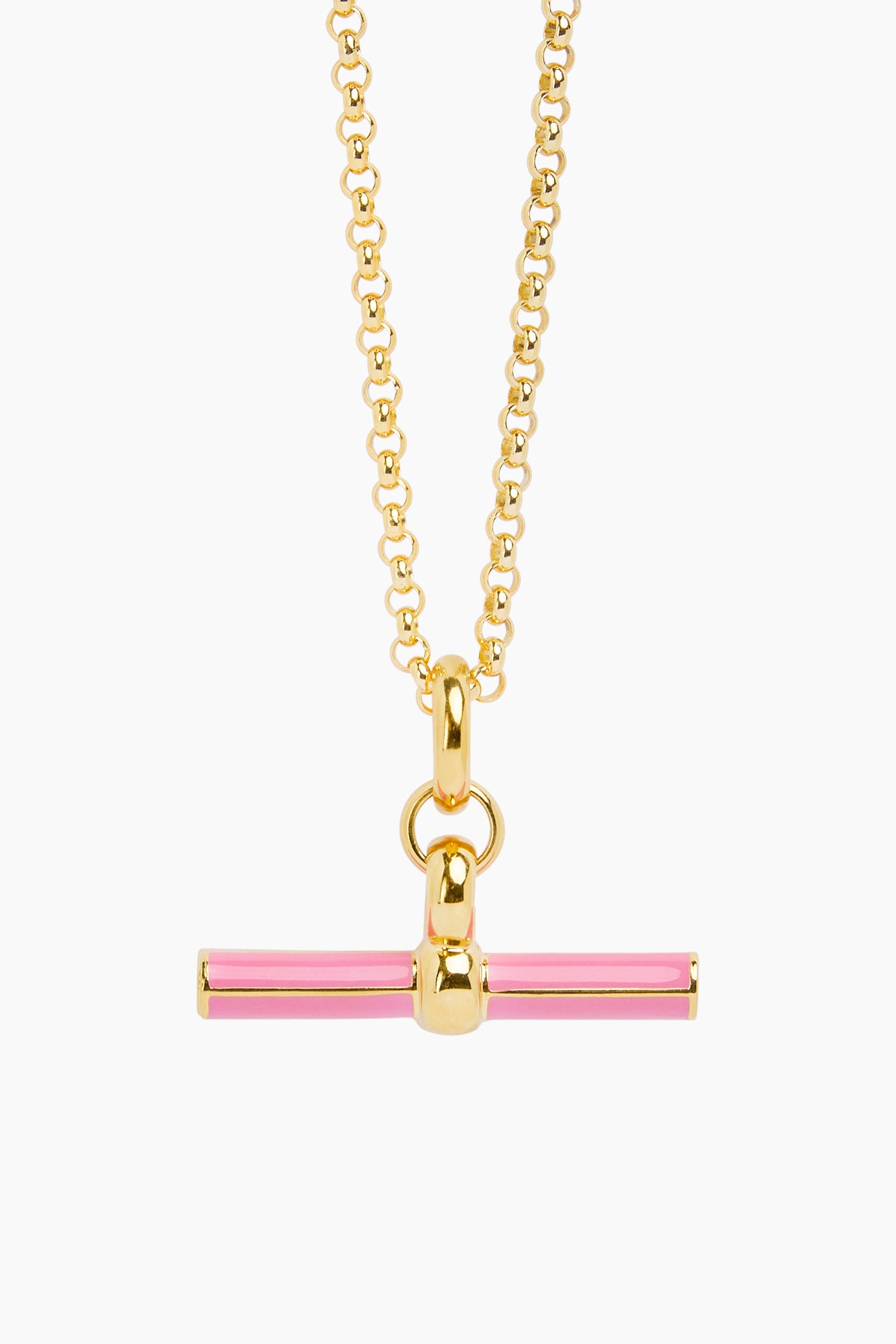 Gold chain necklace with pink enamel T-bar pendant and clasp, front view