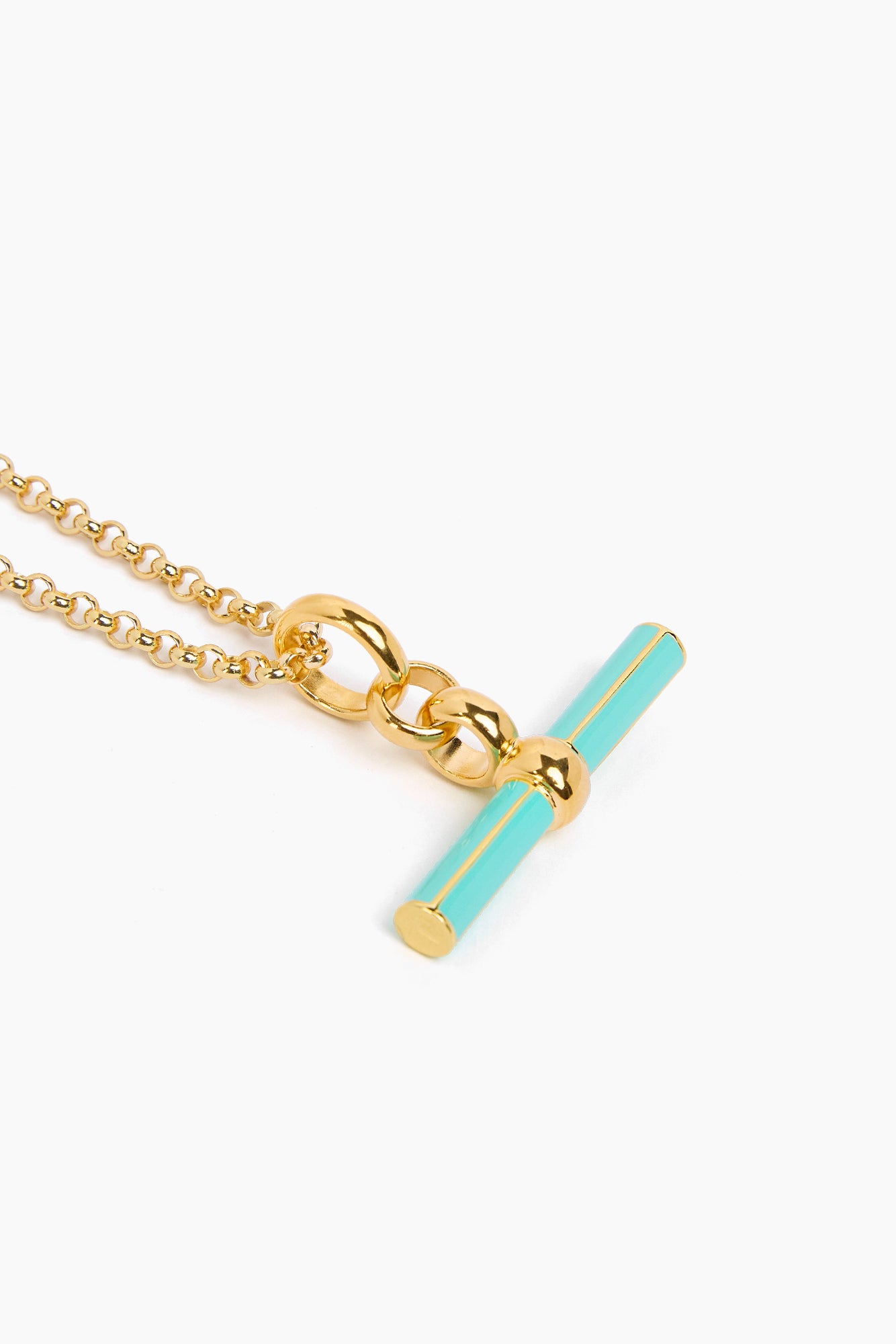Gold T-bar pendant necklace with mint enamel detail on link chain