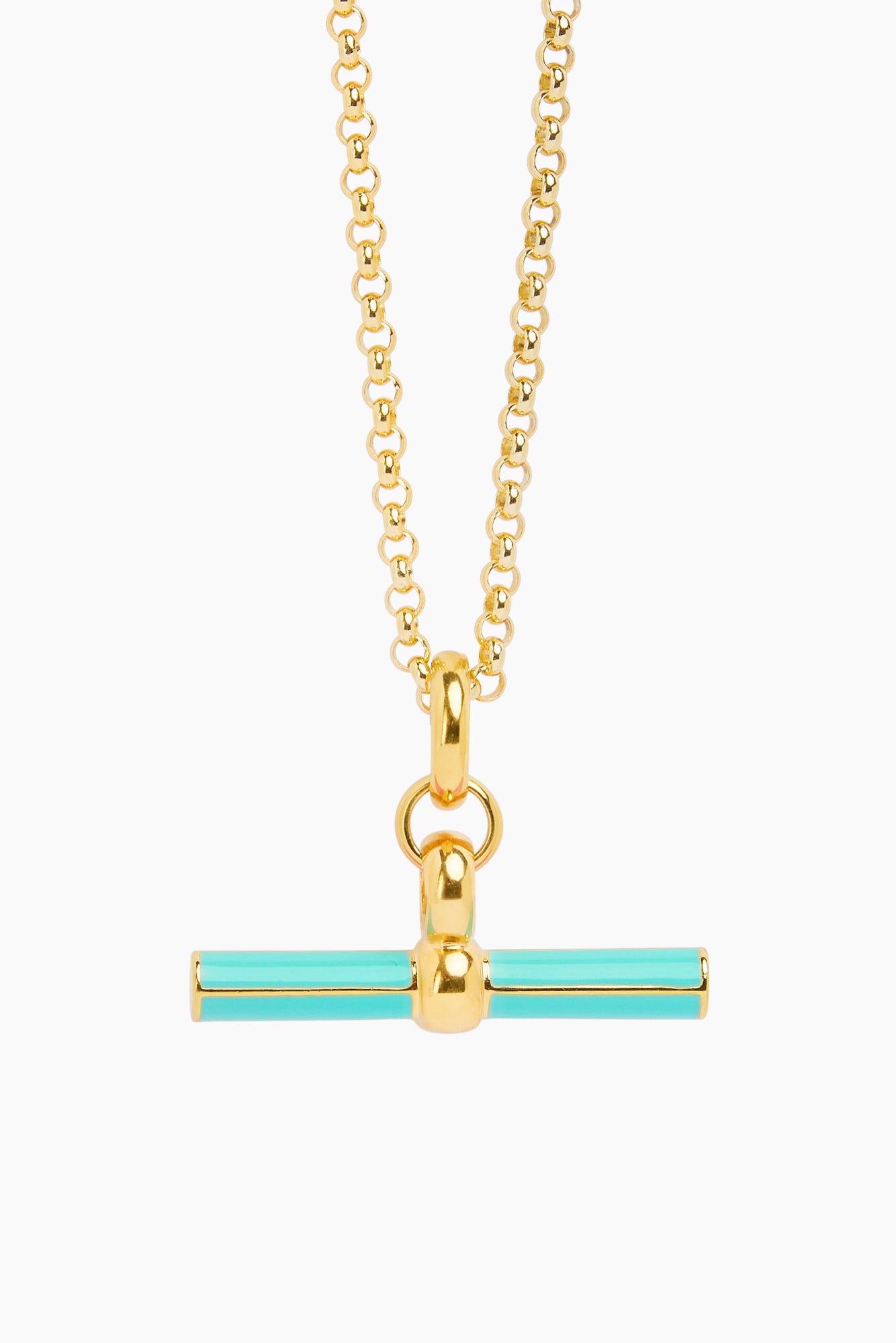 Gold link necklace with mint enamel T-bar clasp pendant
