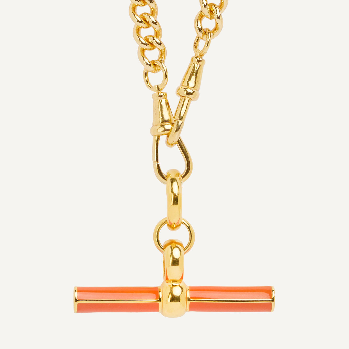 Orange Enamel Giant Gold T-Bar On Medium Curb ClipT Necklace