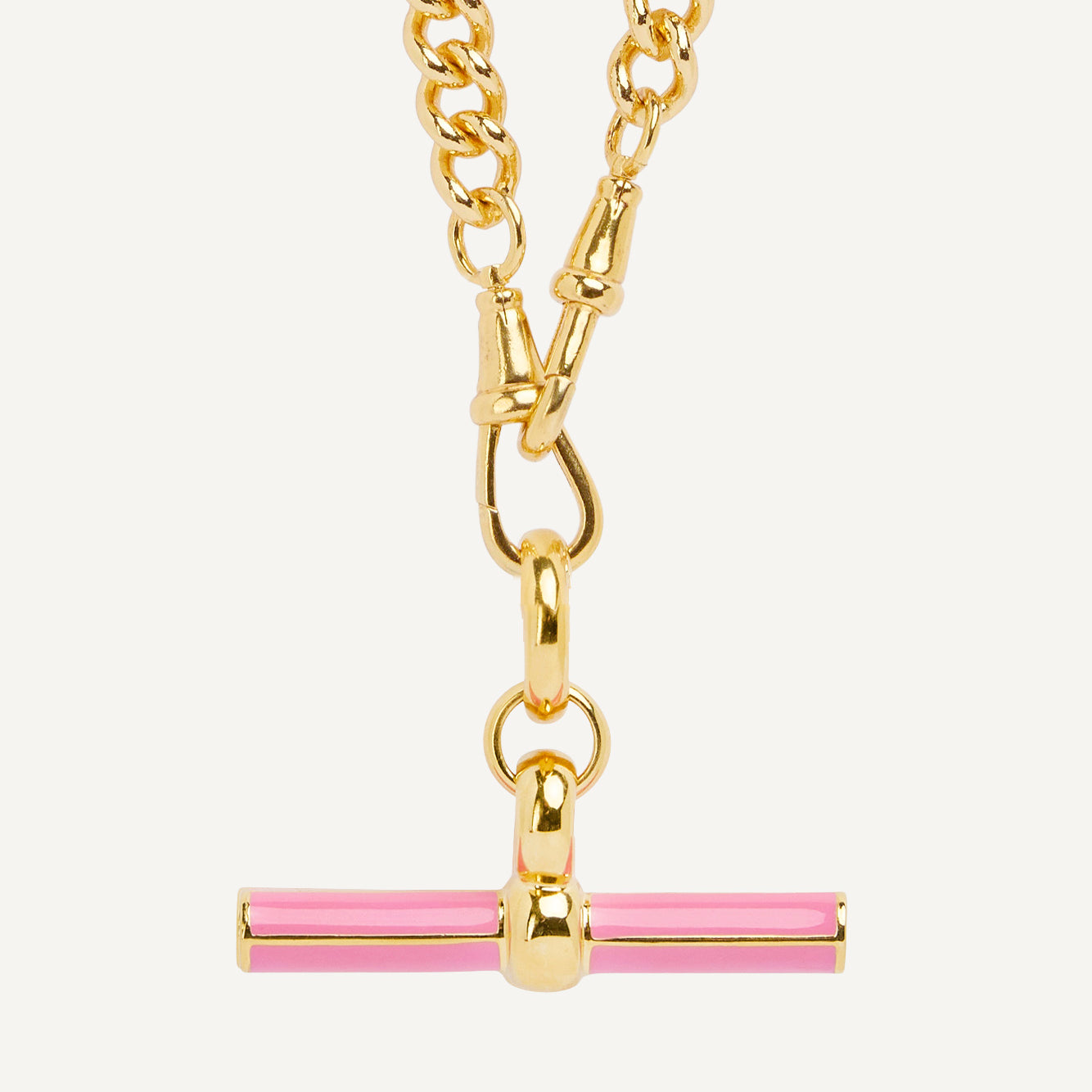 Pink Enamel Giant Gold T-Bar On Medium Curb ClipT Necklace
