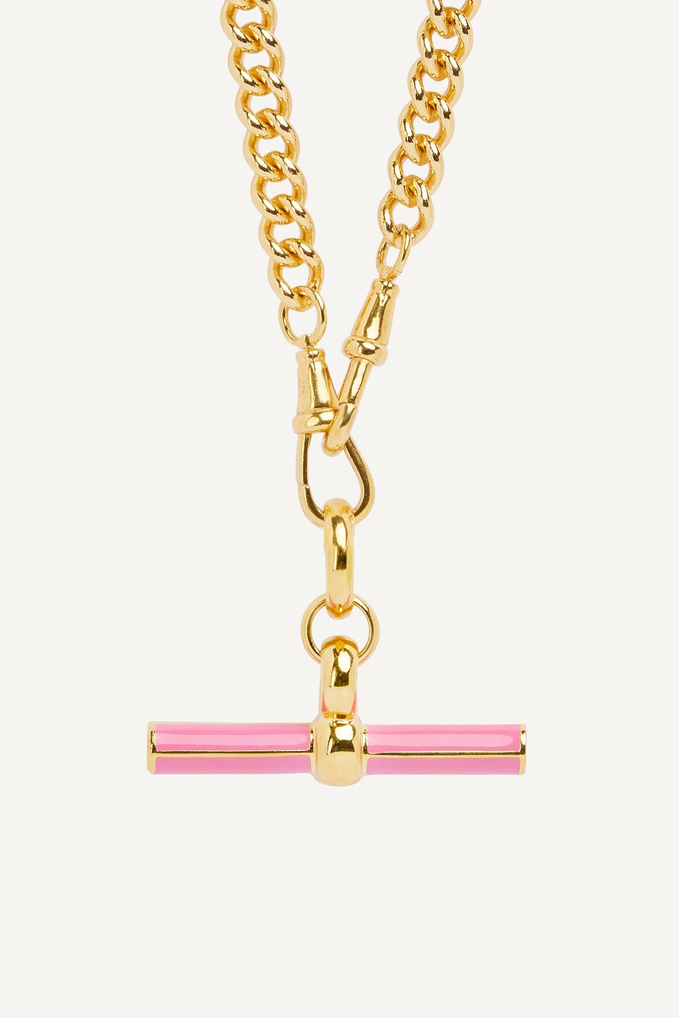 Gold chain necklace with pink enamel bar pendant and T-bar clasp