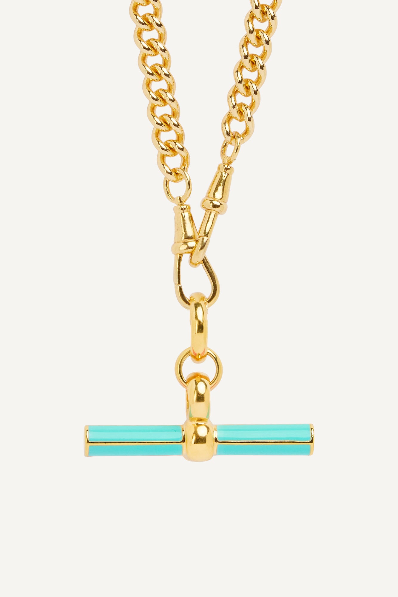 Gold chain necklace with mint enamel T-bar centerpiece and lobster clasp