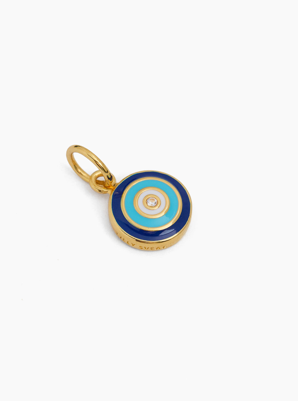 Round evil eye disc charm with blue enamel, concentric rings, and gold bail