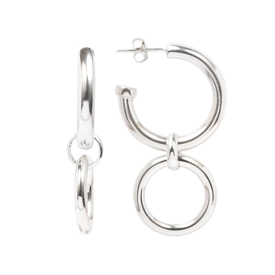 Large silver hoop earrings with dangling mini hoop charm