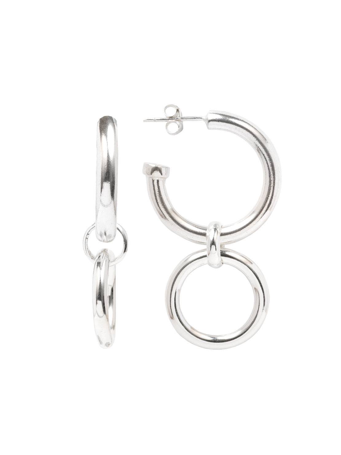 Large silver hoop earrings with dangling mini hoop charm
