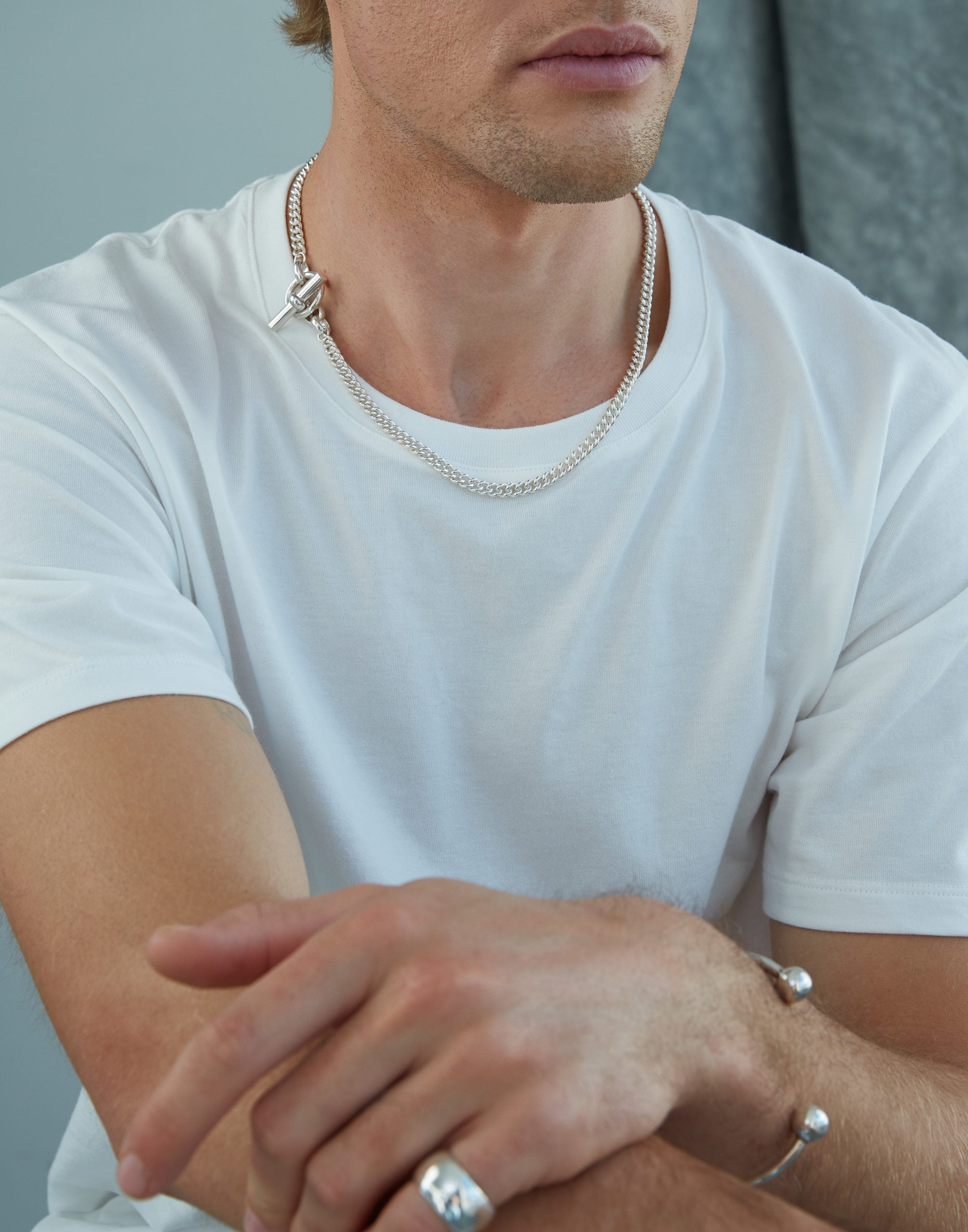 Men's Solid Sterling Silver T-Bar Clasp Curb Link Necklace