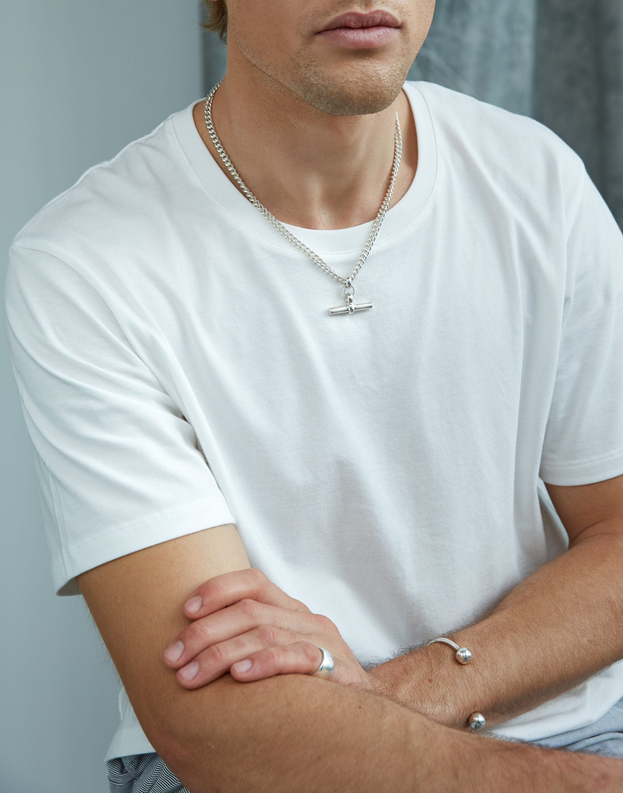Men's Solid Sterling Silver Chunky T-Bar Curb Link Necklace