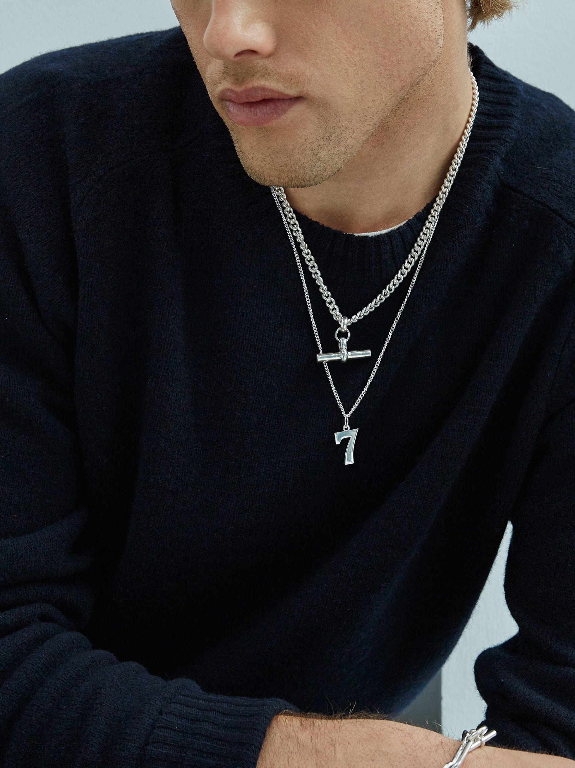 Men's Solid Sterling Silver Chunky T-Bar Curb Link Necklace