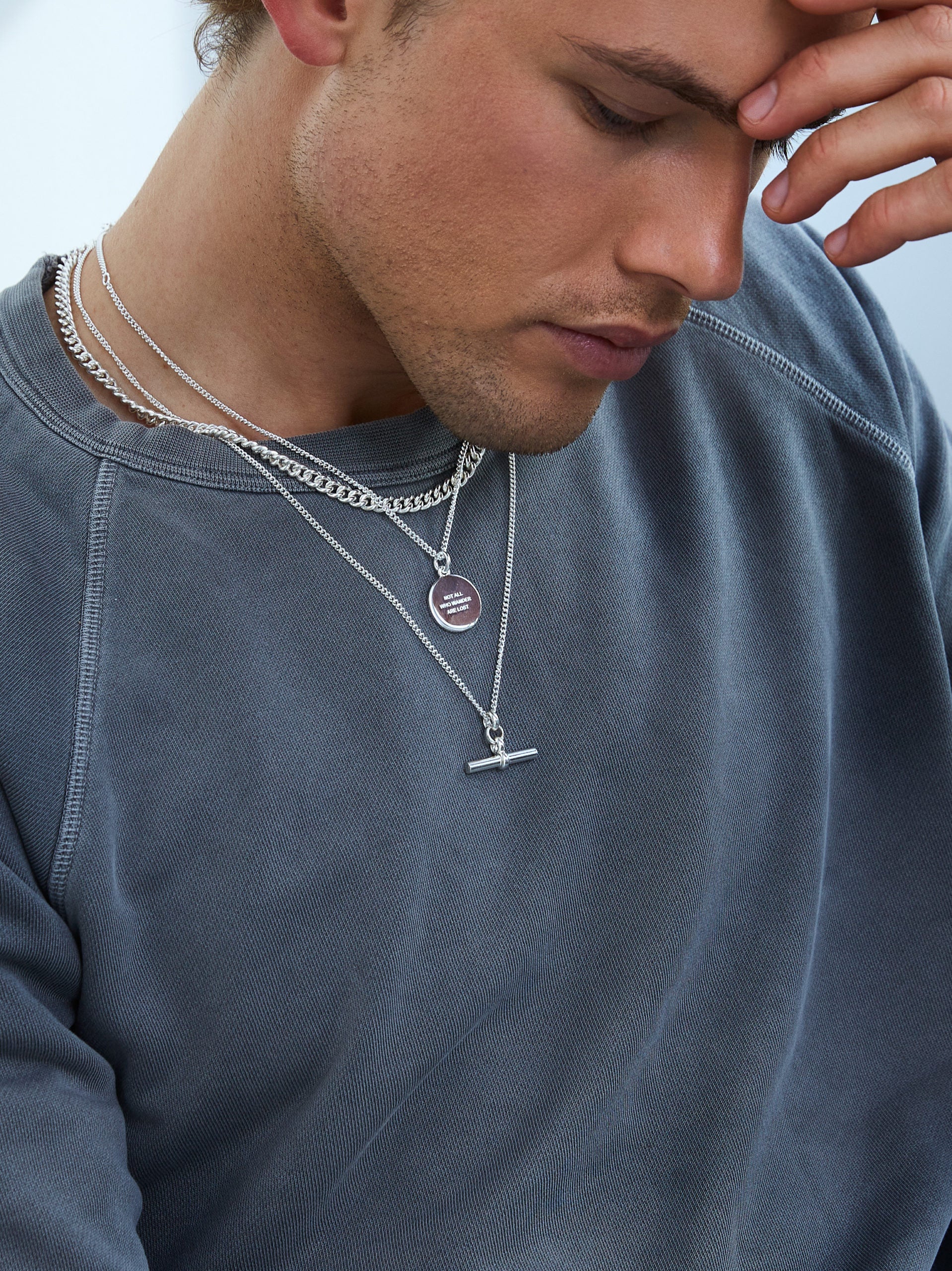 Men's Solid Sterling Silver T-Bar On Fine Curb Chain