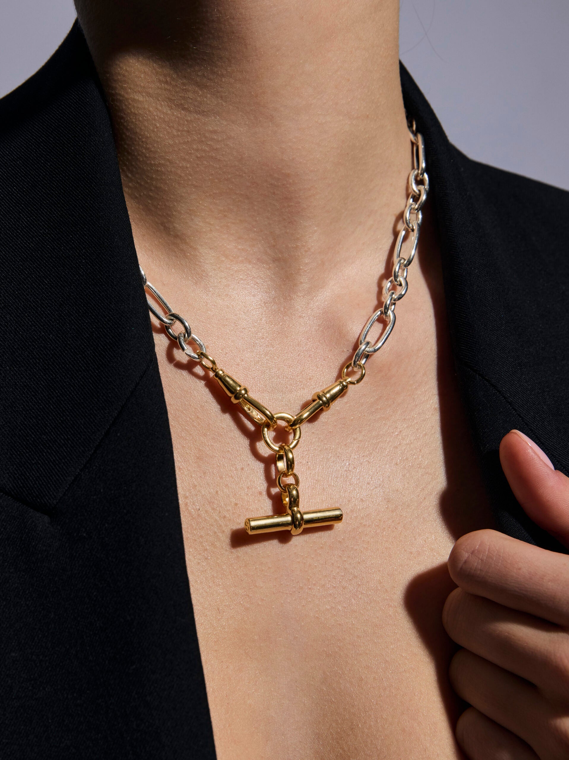 Medium Gold T-bar on Silver and Gold Clipt Watch Chain Necklace