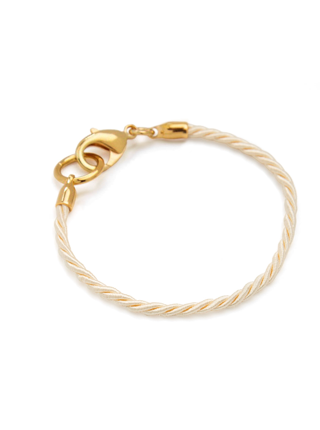 Gold friendship bracelet with rope-style cord and heart-shaped link accents