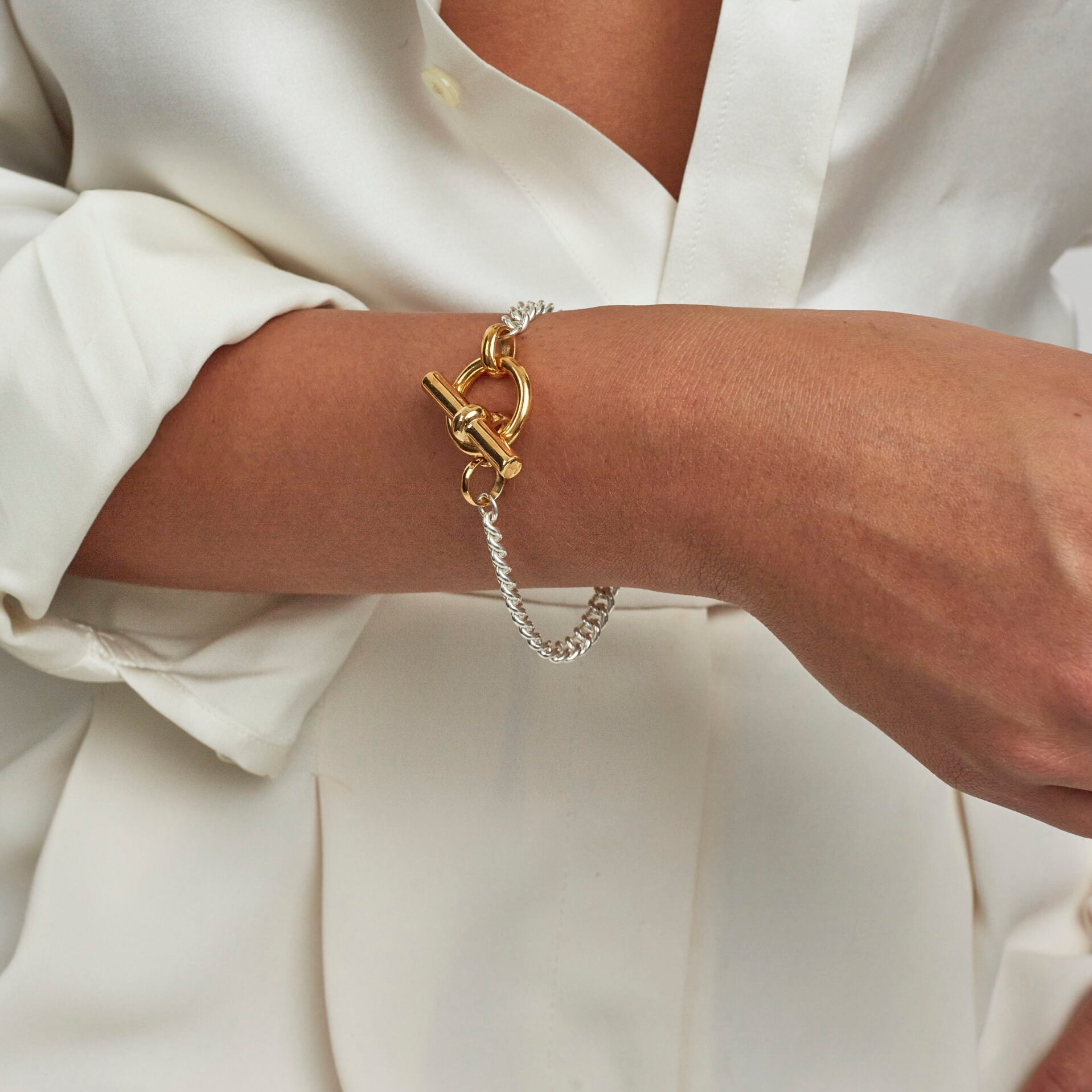 T-Bar Clasp Gold And Silver Curb Link Bracelet