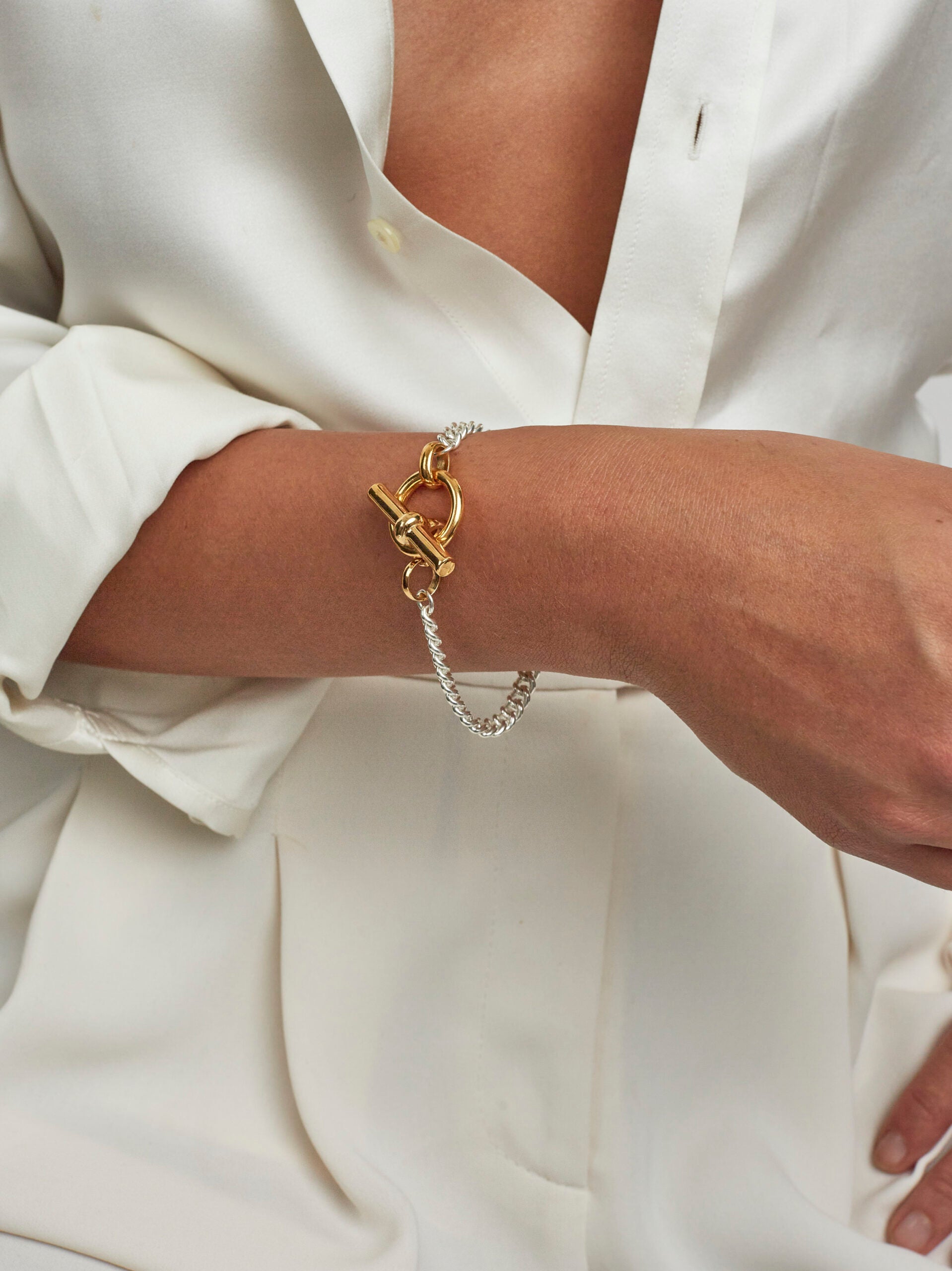 T-Bar Clasp Gold And Silver Curb Link Bracelet