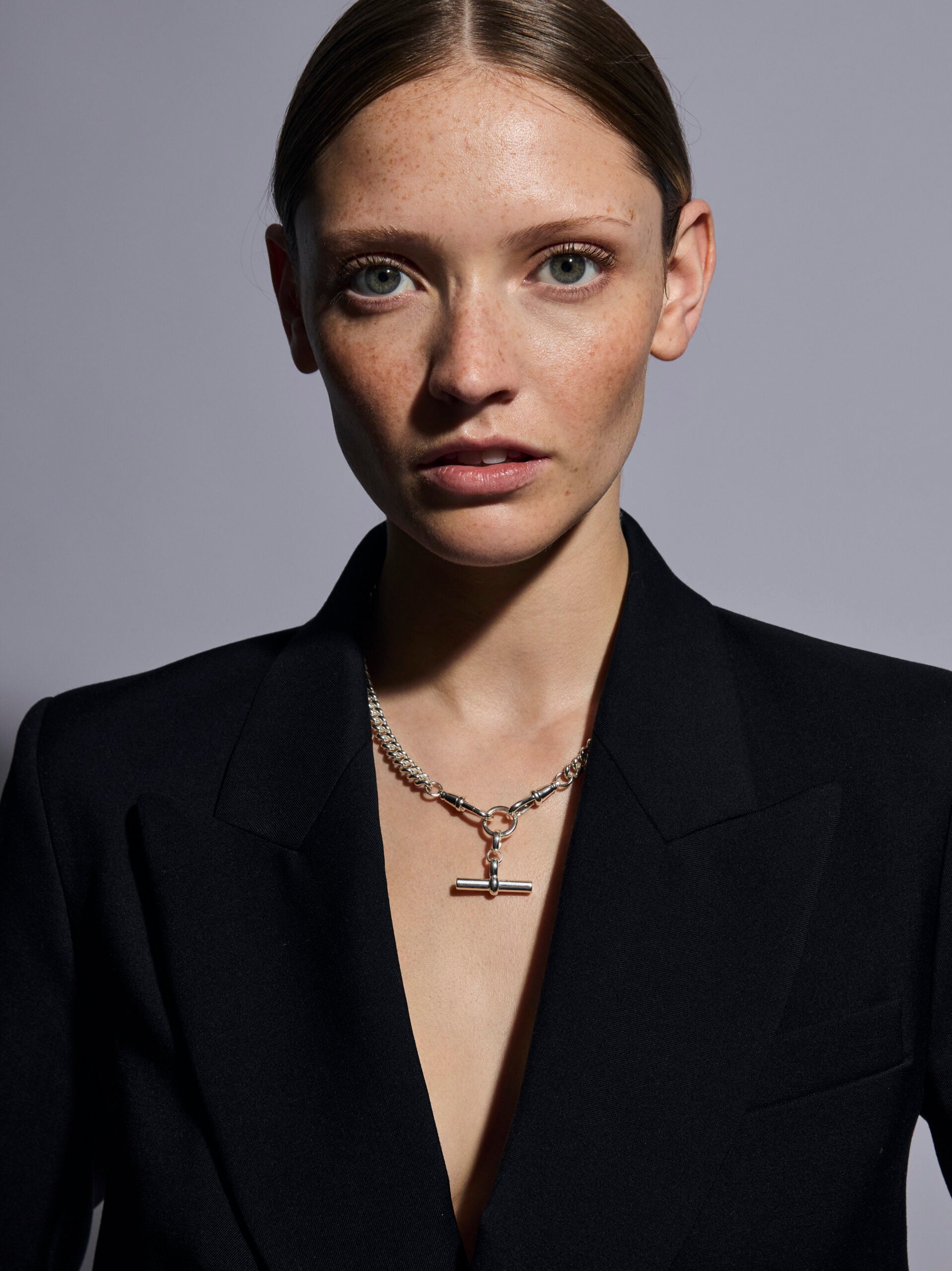 Medium Silver T-bar on Medium Curb Clipt Necklace