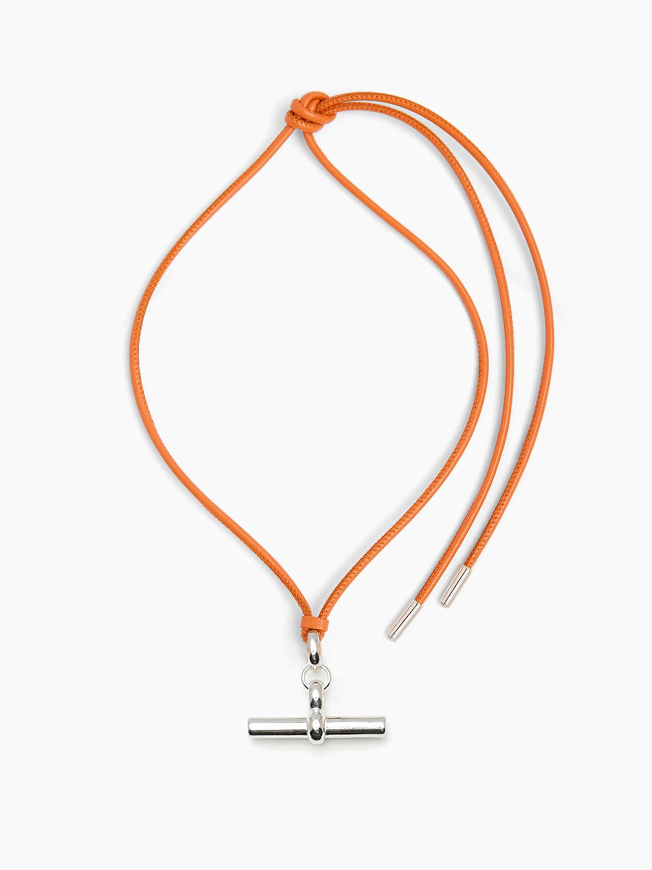 Orange leather necklace with medium silver T-bar charm and adjustable cords