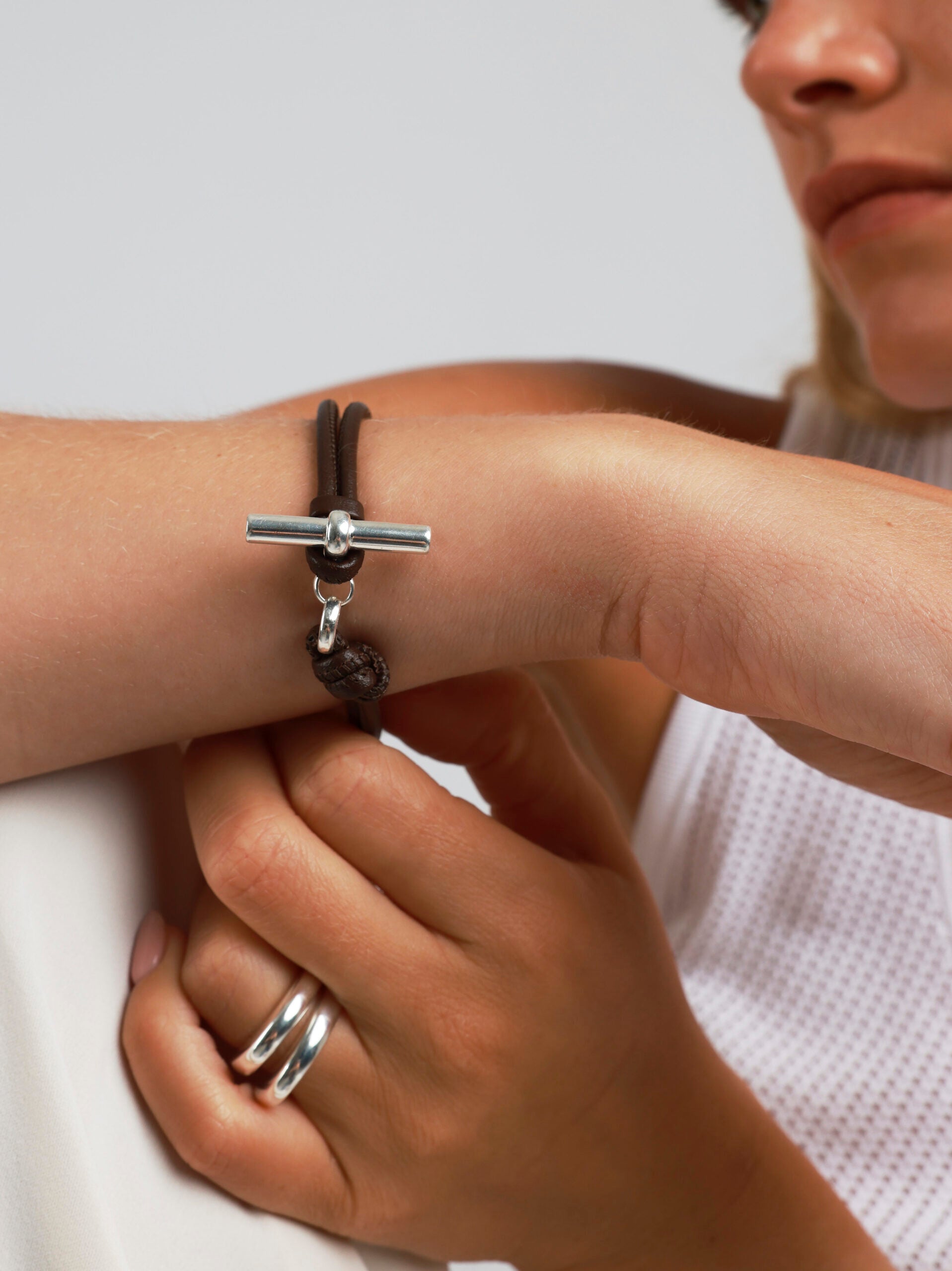 Silver T-Bar on Dark Brown Leather Bracelet