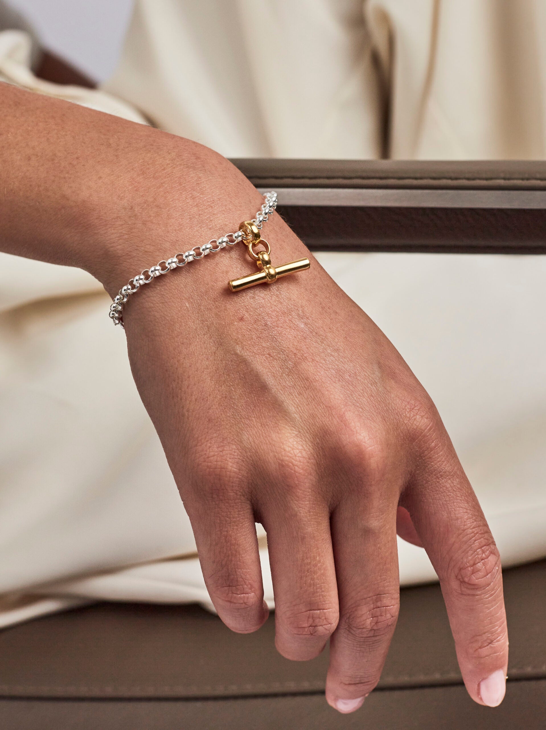 Silver Belcher Bracelet With Gold T-Bar