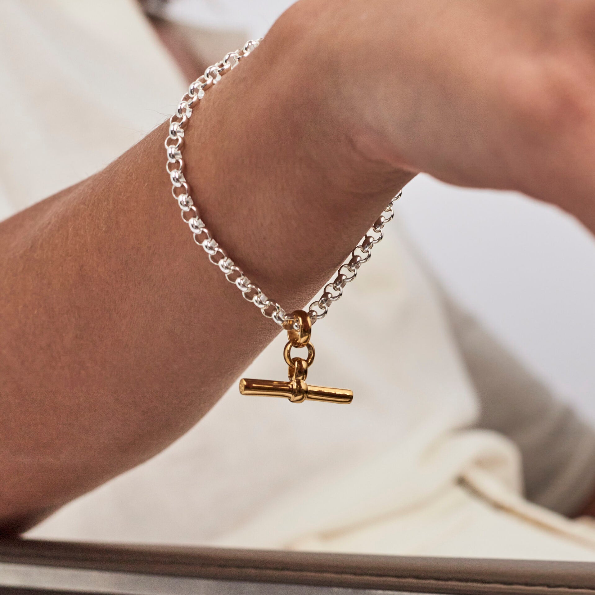Silver Belcher Bracelet With Gold T-Bar