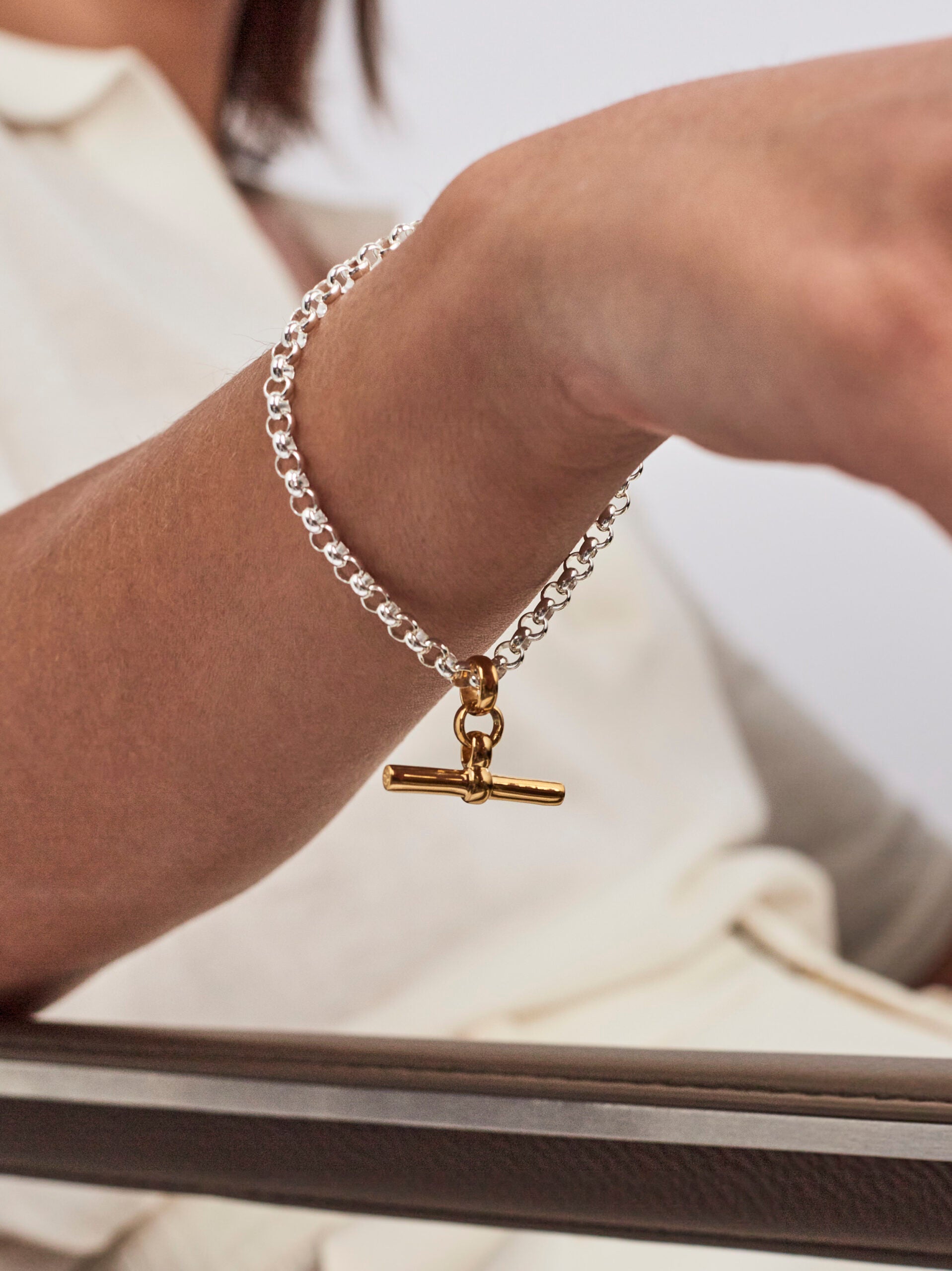 Silver Belcher Bracelet With Gold T-Bar