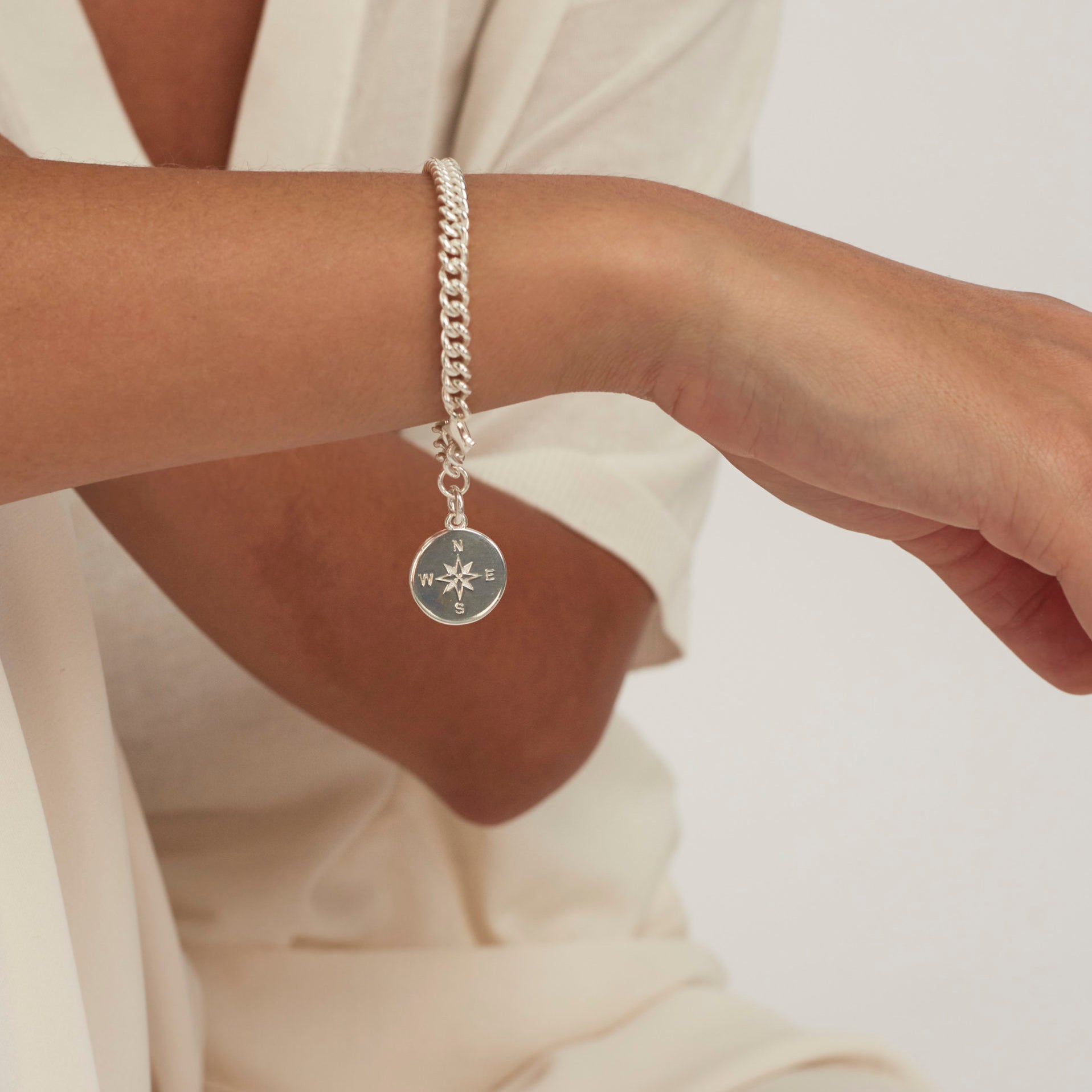 Silver Compass Curb Link Bracelet