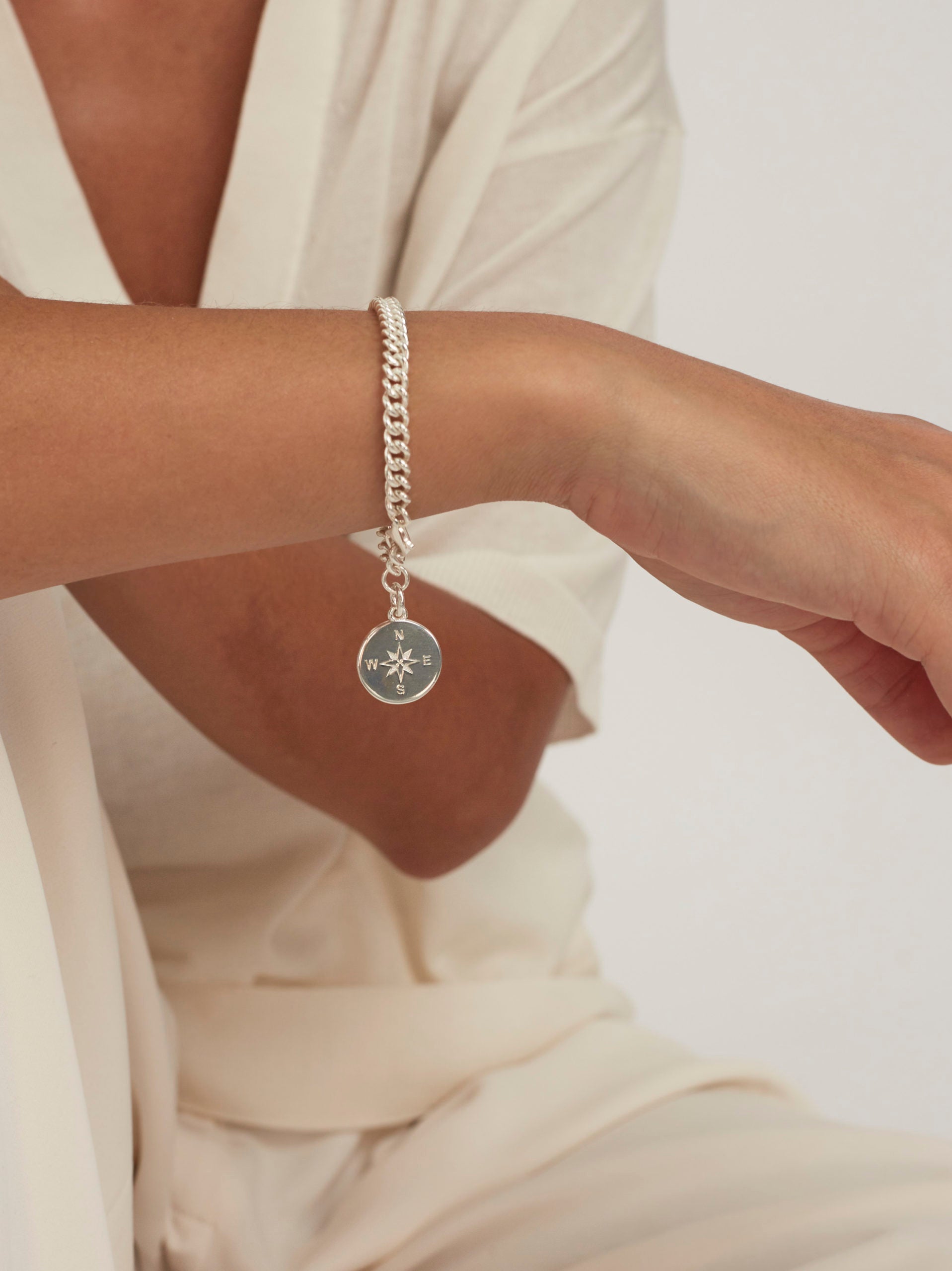 Silver Compass Curb Link Bracelet